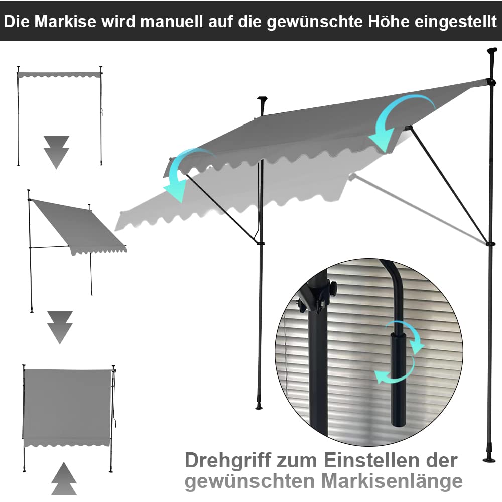 Mingone Markise Balkon Ohne Bohren Klemmmarkise mit Handkurbel Höhenverstellbare Sichtschutz Sonnenschutz für Terrasse Garten Außen Rollo 200x120cm,Grau