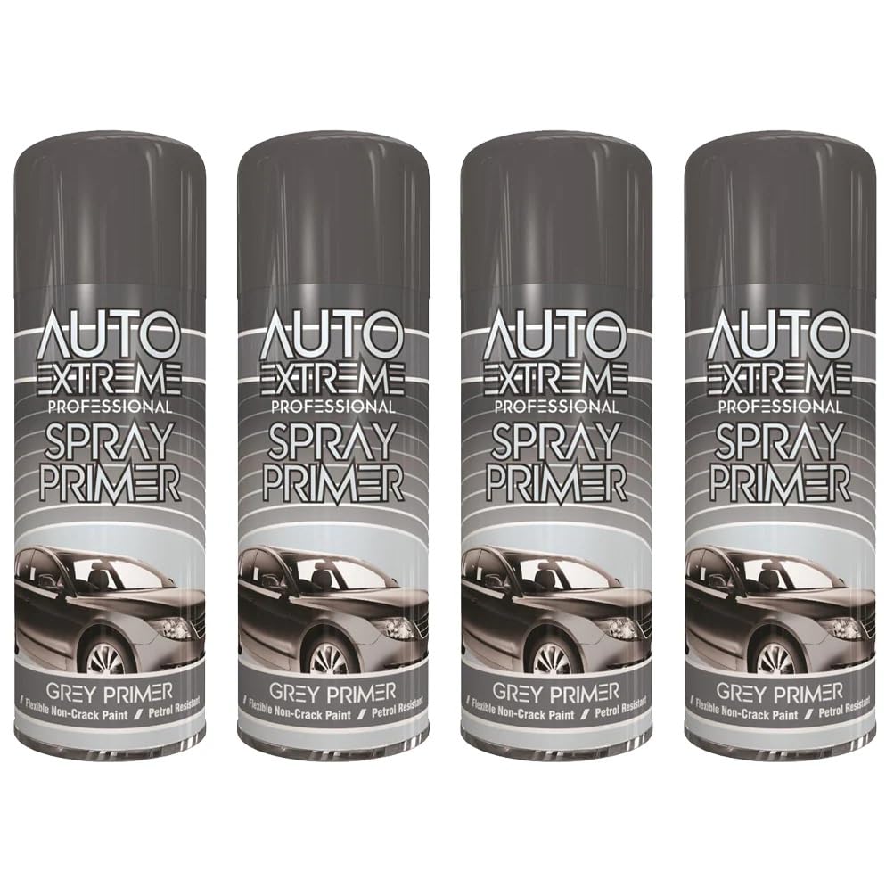 Grey Primer Spray Paint 400ml Pack of 4 - Professional Auto Surface Primer for Metal, Wood & Plastic - Quick Dry, Flexible Non-Crack & Petrol Resistant Base Coat for Cars, Bikes & DIY Projects