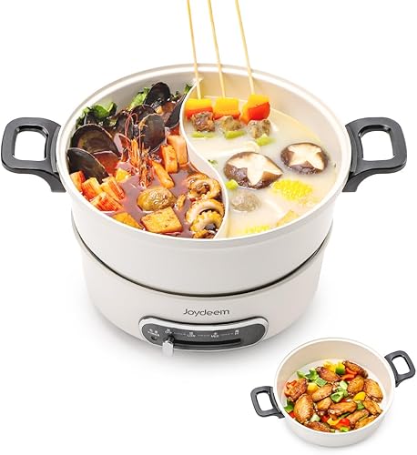Joydeem Olla eléctrica 2 en 1, olla Shabu Shabu con dos ollas extraíbles, listado UL, revestimiento antiadherente de cerámica, 1400W, JD-HG3706W