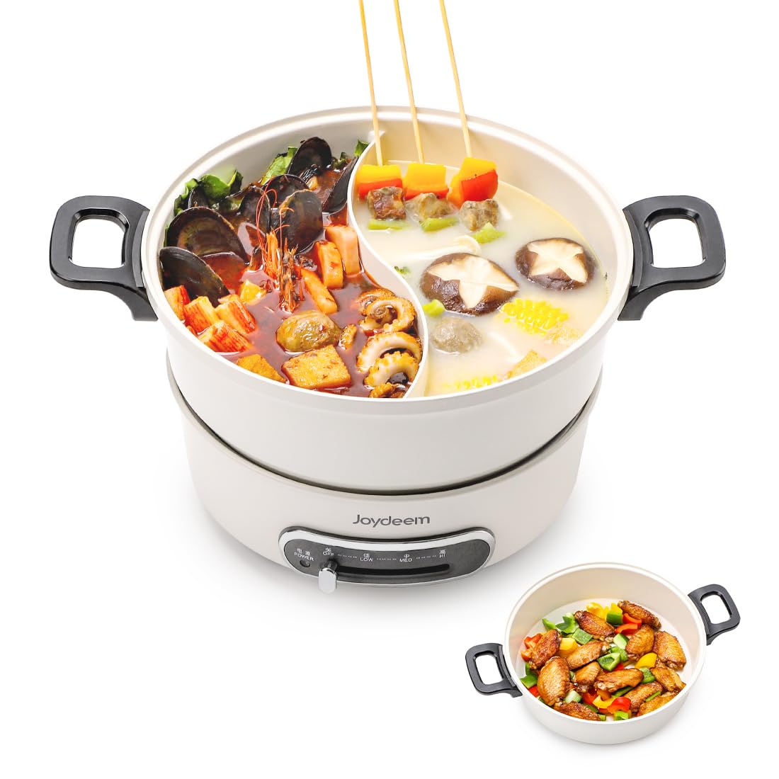 Joydeem 2 in 1 Electric Hot Pot, Shabu Shabu Pot with Two Removable Pot, UL Listed, Ceramic Non-stick Coating, 1400W, JD-HG3706W