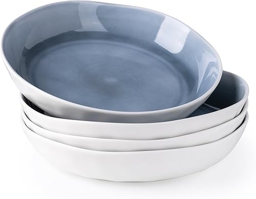 Cuencos planos de cerámica para pasta de 9.75 pulgadas, con borde ondulado, cuencos grandes de 38 onzas, juego de 4 cuencos modernos de gres