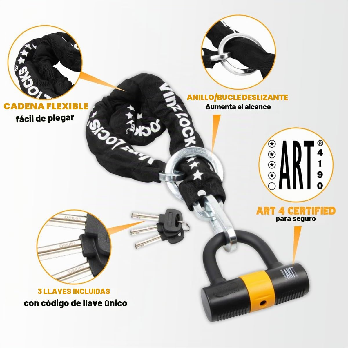 VINZ Trivor Candado de Moto Disco | Antirrobo con Llave | Homologada ART 4 | Testado Acero Endurecido ø11mm | Candado de Cadena/Cadena de cerradura para Motos & Scooters - 150cm