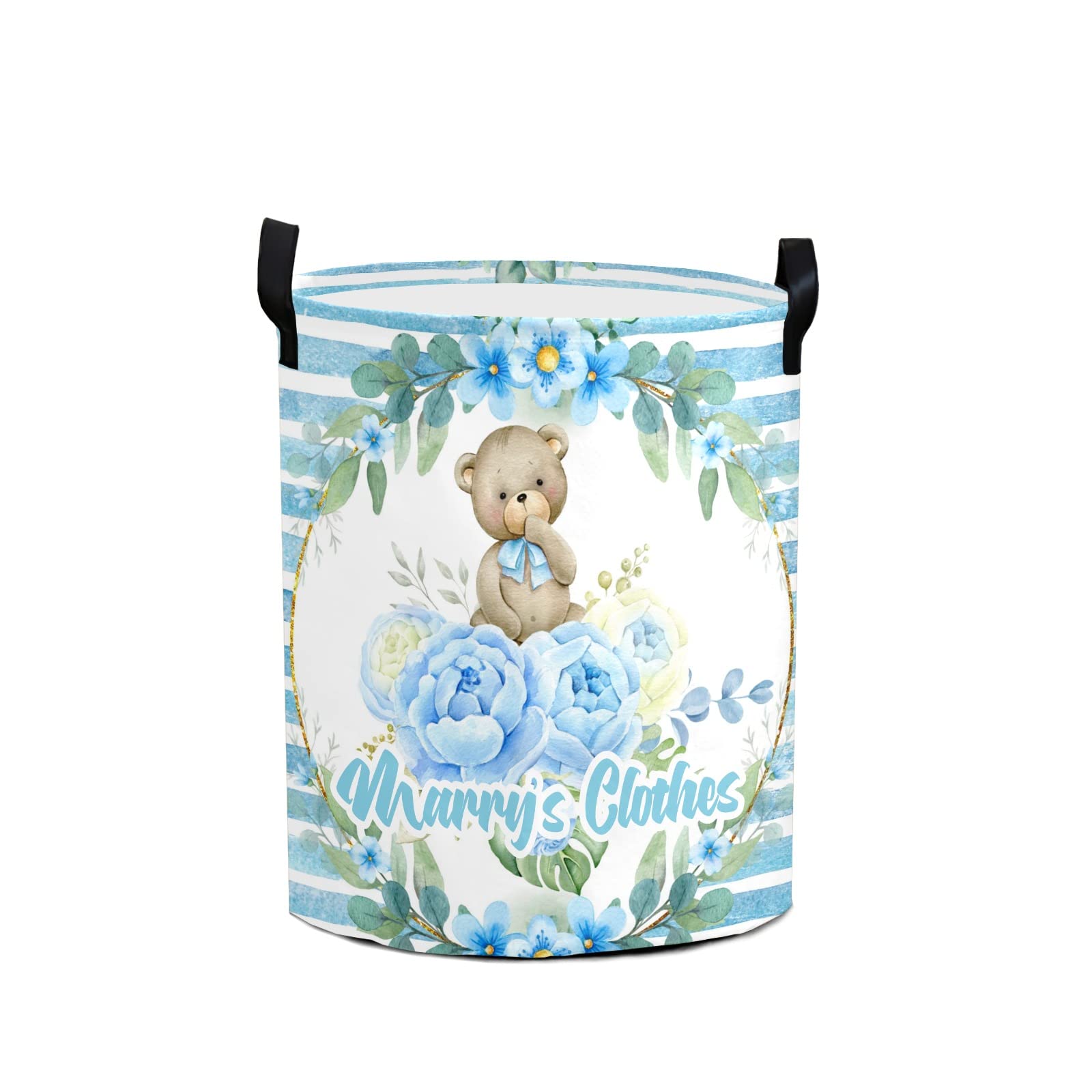Striped Bear Personalized Freestanding Laundry Hamper, Custom Waterproof Collapsible Drawstring Basket Storage Bins with Handle for Clothes