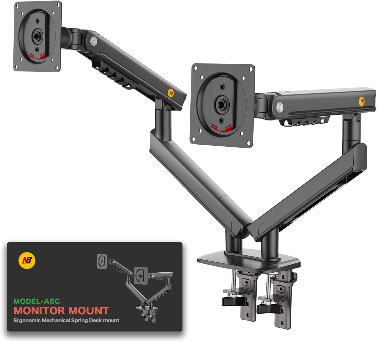 NB ERGONOMIC モニターアーム デュアル アーム型 2画面 A5C 17~32インチ対応 9kg | ２画面の液晶ディスプレイを設置できる高性能デュアルモニターアーム。軽い力で高さ調整や角度調節（チルト・パン・回転）が可能です。１７〜３２インチ（耐荷重９ｋｇ）対応。テレワークやゲーミング環境を省スペース化し、快適なマルチディスプレイ環境を構築します。