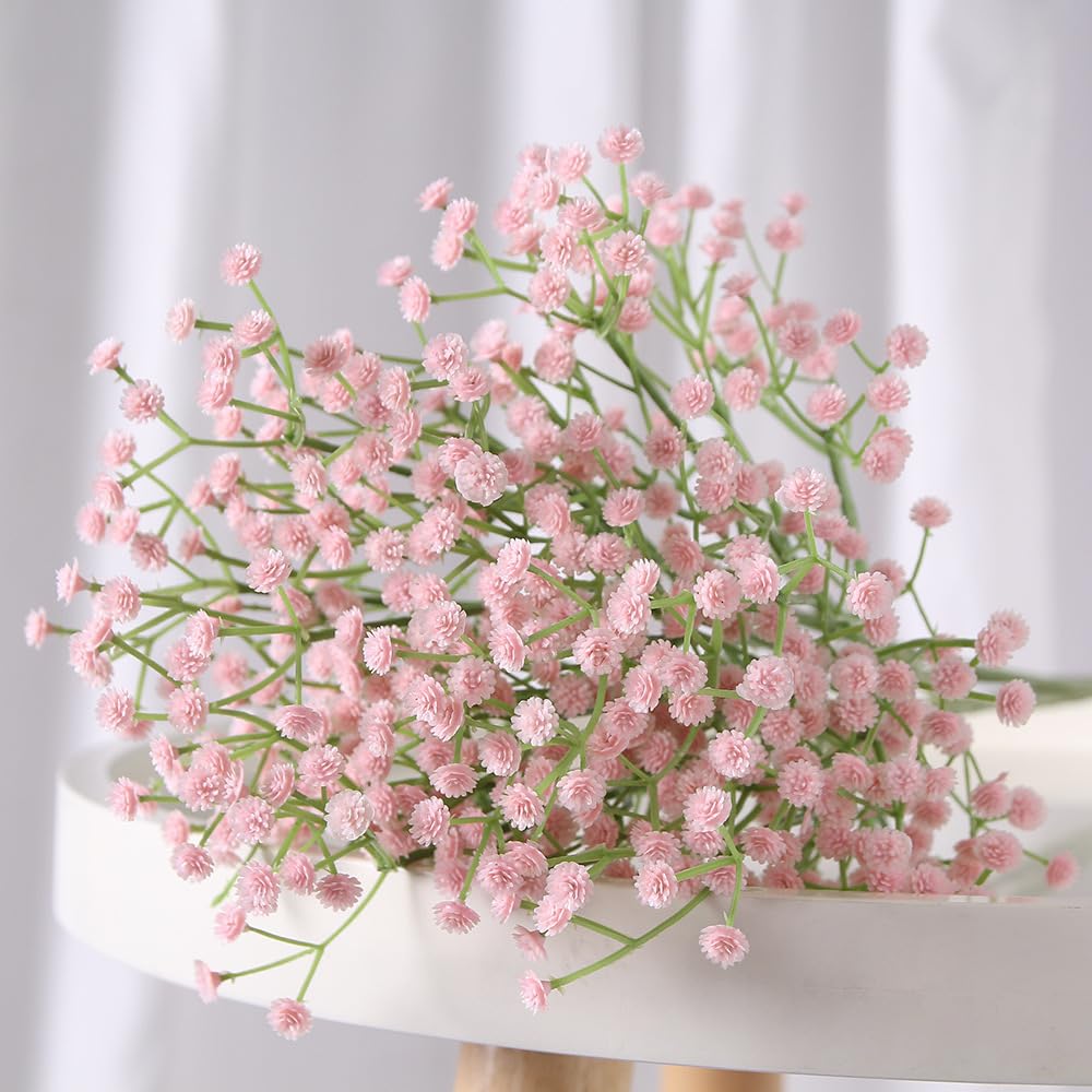 FARROWR Babys Breath Artificial Flowers 12Pcs Real Touch Faux Gypsophila Wedding Party Home Decor (Pink)