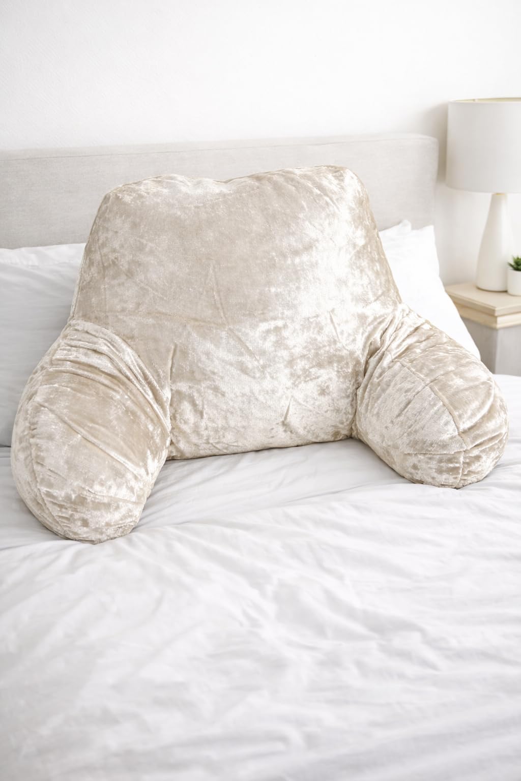 L S U Backrest Reading Pillow with Arms Crushed Velvet High Back Support Cushion for Sitting Up (cream)