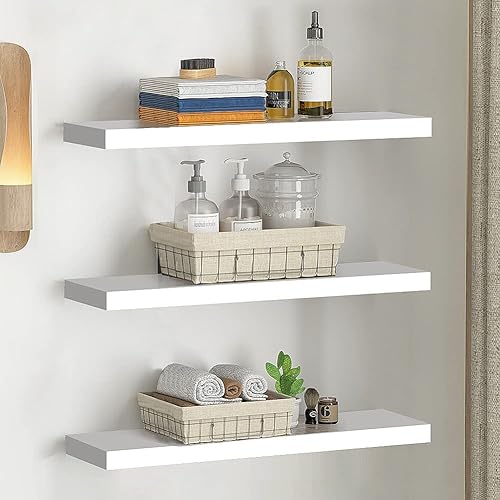White Floating Shelves,Wall Mounted 3 Pack Wall Storage Shelf,Perfect for Home Décor,Photo Frames, Small Plants,and More
