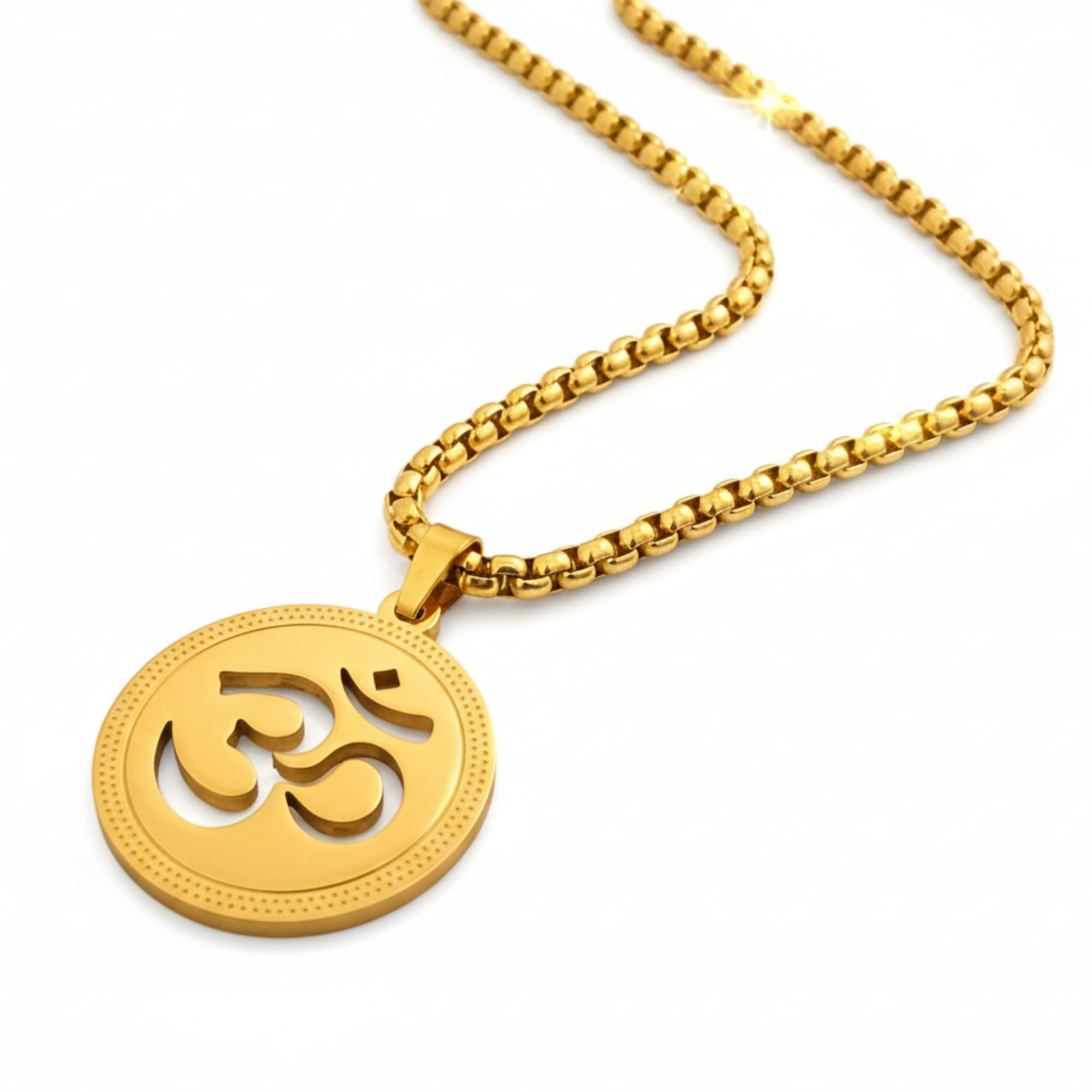 Men's 18k Gold Plated Om Cutout Circular Pendant Necklace | Stainless Steel Anti-Tarnish Religious Spiritual Locket with Box Chain | Waterproof Hypoallergenic Jewelry Gift for Men-image-47