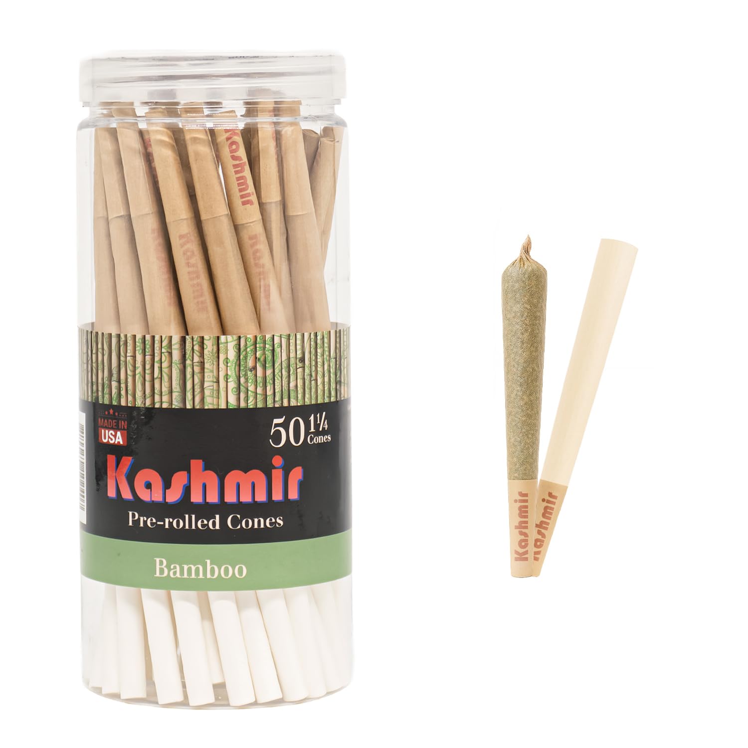 Kashmir Pre Rolled Cones 1 1/4 Size 79mm – 50 Pack Bamboo Natural Fiber Cones with W-Shaped Tips – Slow Burn Rolling Papers for Smooth, Even Smoke – Easy Fill, Premium Pre Rolls