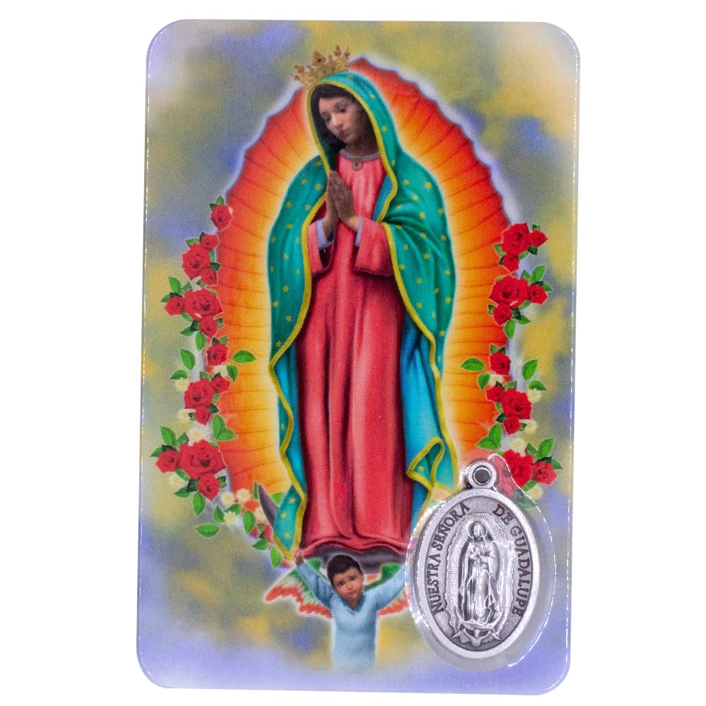 VILLAGE GIFT IMPORTERS Holy Prayer Card with Built-In Medal Pendant | Laminated Full-Color Prayer Card (Our Lady of Guadalupe Prayer Card with Medal)