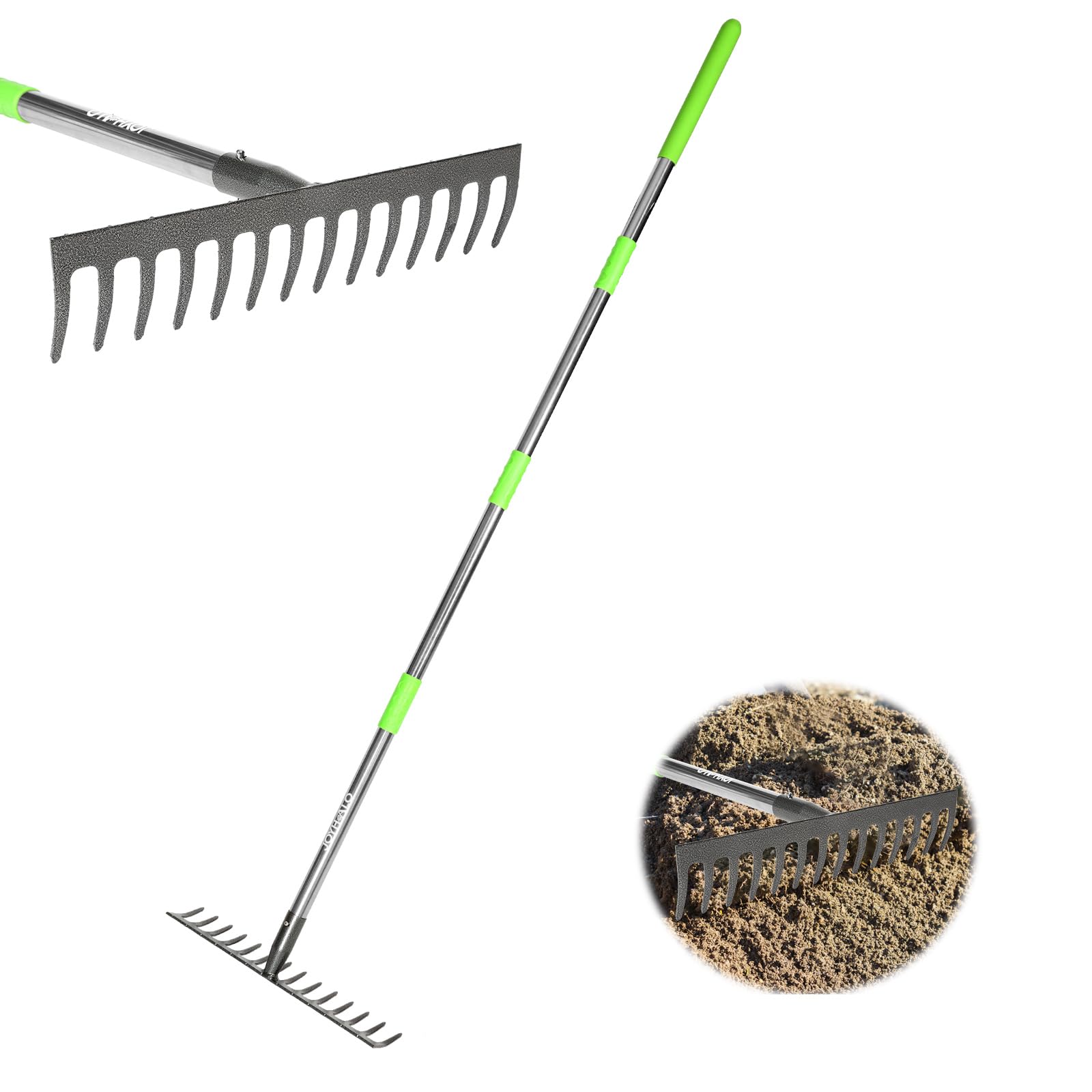 Joyhalo Rastrillo de jardín, 13.7 pulgadas de ancho, 14 dientes, rastrillo de arco de cabeza de rastrillo, rastrillo de metal para hojas, mango ajustable de 30.5 a 57 pulgadas, rastrillo de roca para