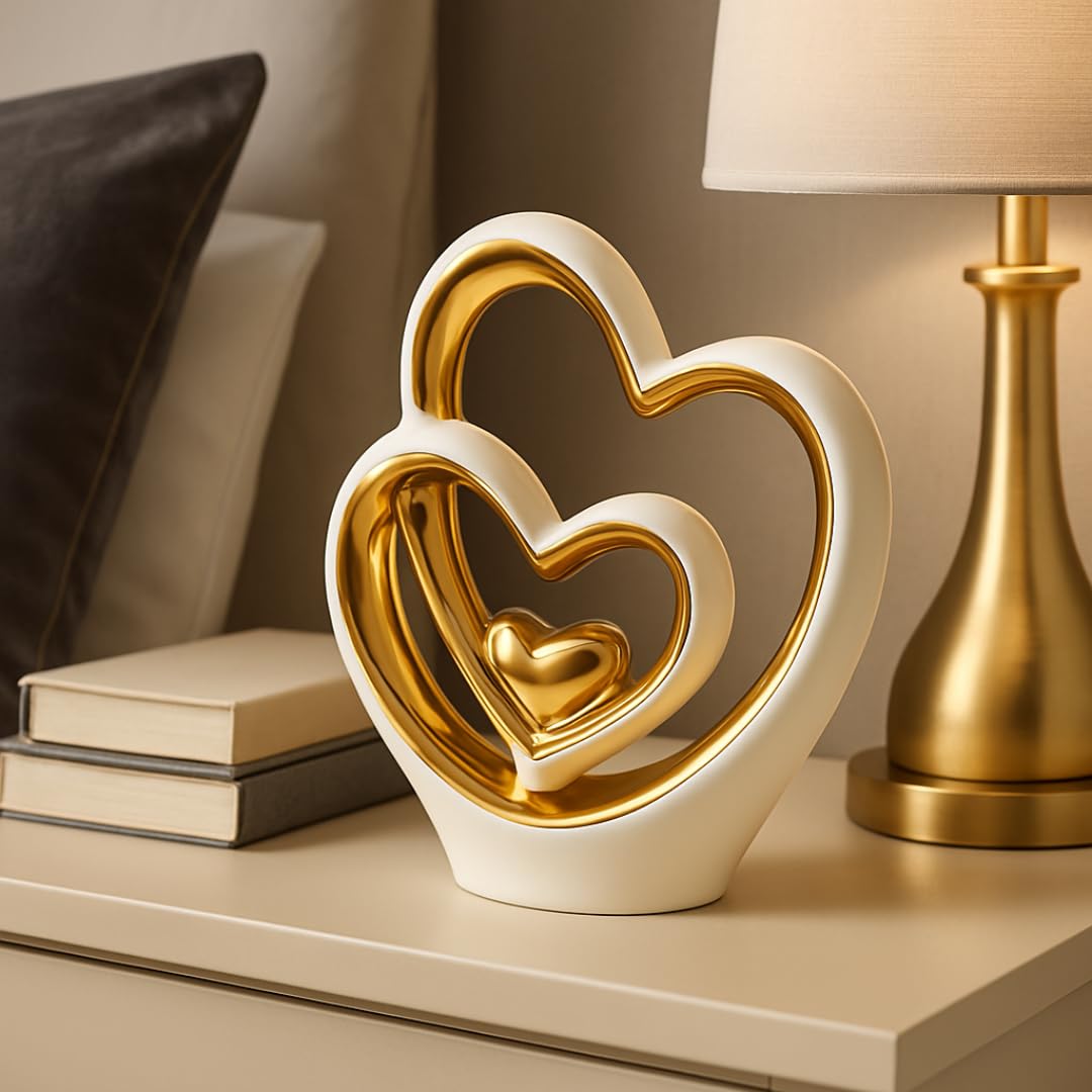 Gold Heart Ornament – Elegant Ceramic Couple Sculpture – White & Gold Tabletop Decor – Romantic Centerpiece for Living Room, Bedroom or Office –
