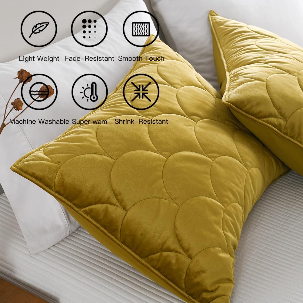 HORIMOTE HOME Velvet Quilt Set King Size, Mustard Yellow Luxury Velvet Comforter Set 3 Pieces Soft Warm Bedding Set Coverlet with 2 Shams, Geometric Pattern Quilted Bedspread for All Season