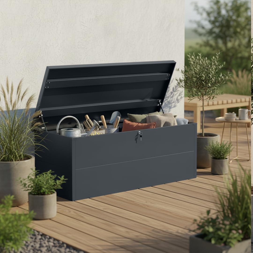 STEELSØN Icarus Gartenbox Metall 560 L – Auflagenbox mit Deckel abschließbar – Gartentruhe wasserdicht – Aufbewahrungsbox in Anthrazit – outdoor Kissenbox 165x70x63 cm – große Truhe für Gartenpolster