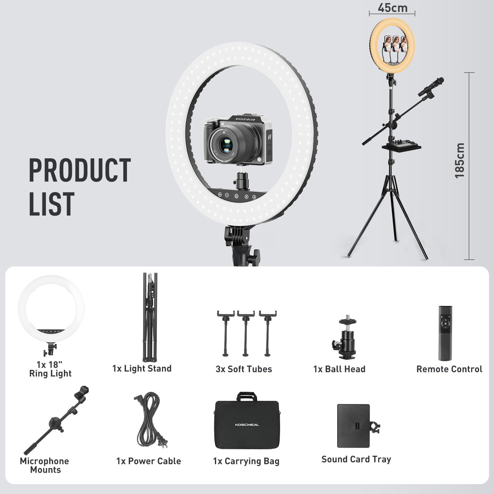 Aro de Luz Profesional Regulable LED 18"/45cm 3000-6500K Soporte para Micrófonos y Tarjetas de Sonido Fotografía Ring Light Peluquería Cámara Profesional TikTok Youtube