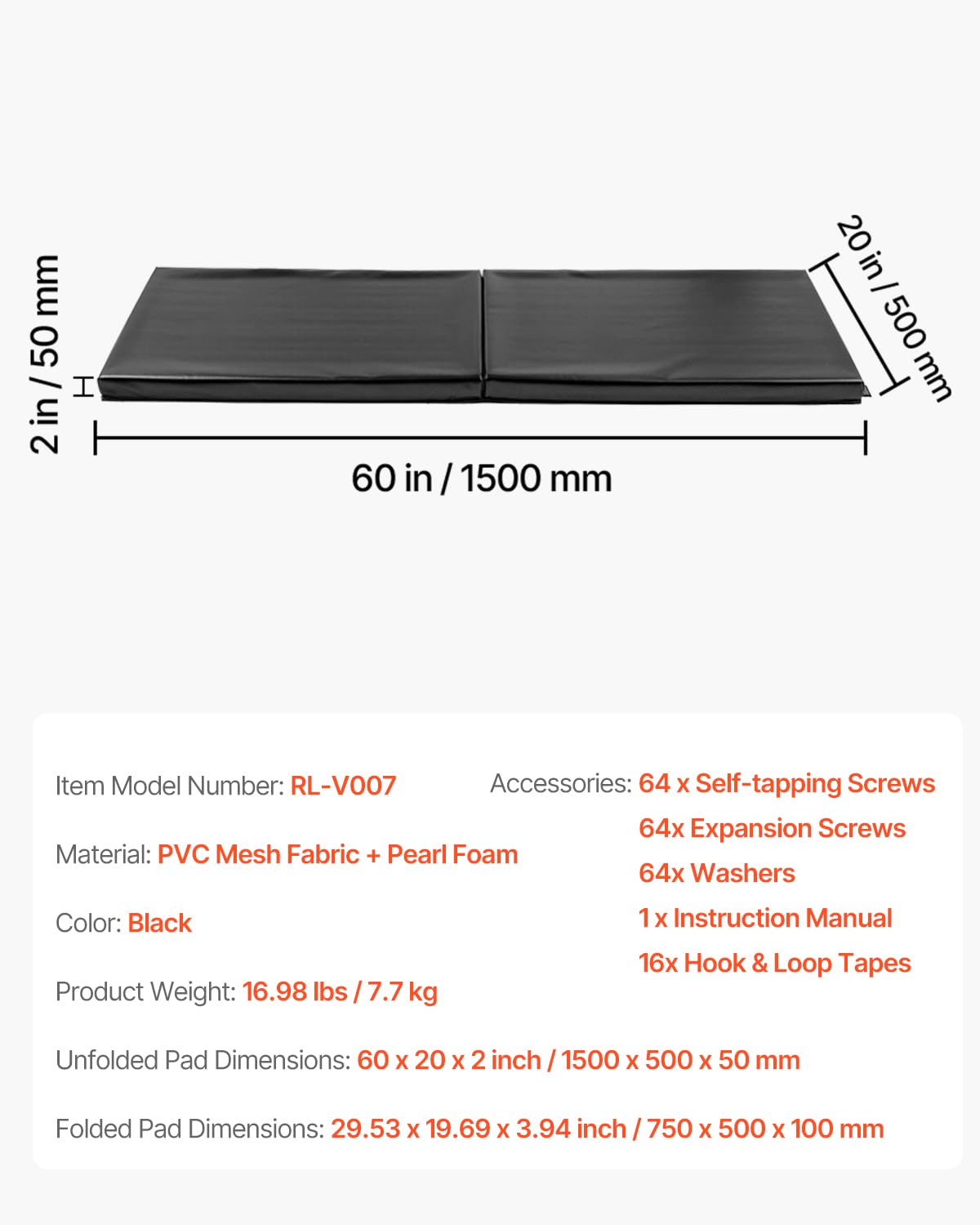 VEVOR Acolchado de Pared para Gimnasio, Resistente al Desgarro, para Cancha de Baloncesto, Almohadilla Protectora Duradera e Impermeable para Gimnasio, Garaje, 1500 x 500 x 50 mm, Negro, 4 uds
