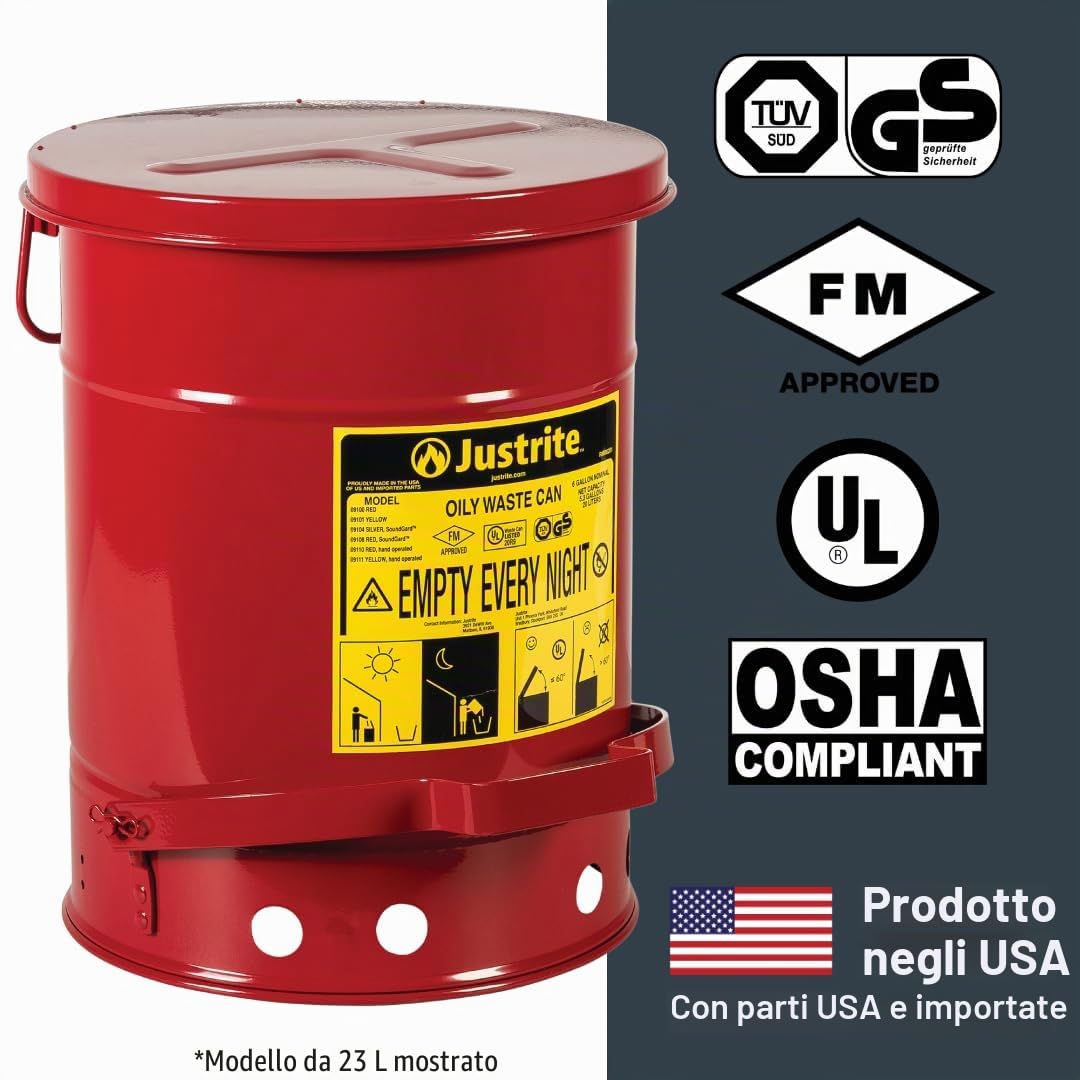 Justrite Tanica di sicurezza per rifiuti oleosi in acciaio zincato 09100, con leva a pedale, capacità 20 l, diametro esterno 28 cm x 30,3 cm, colore rosso