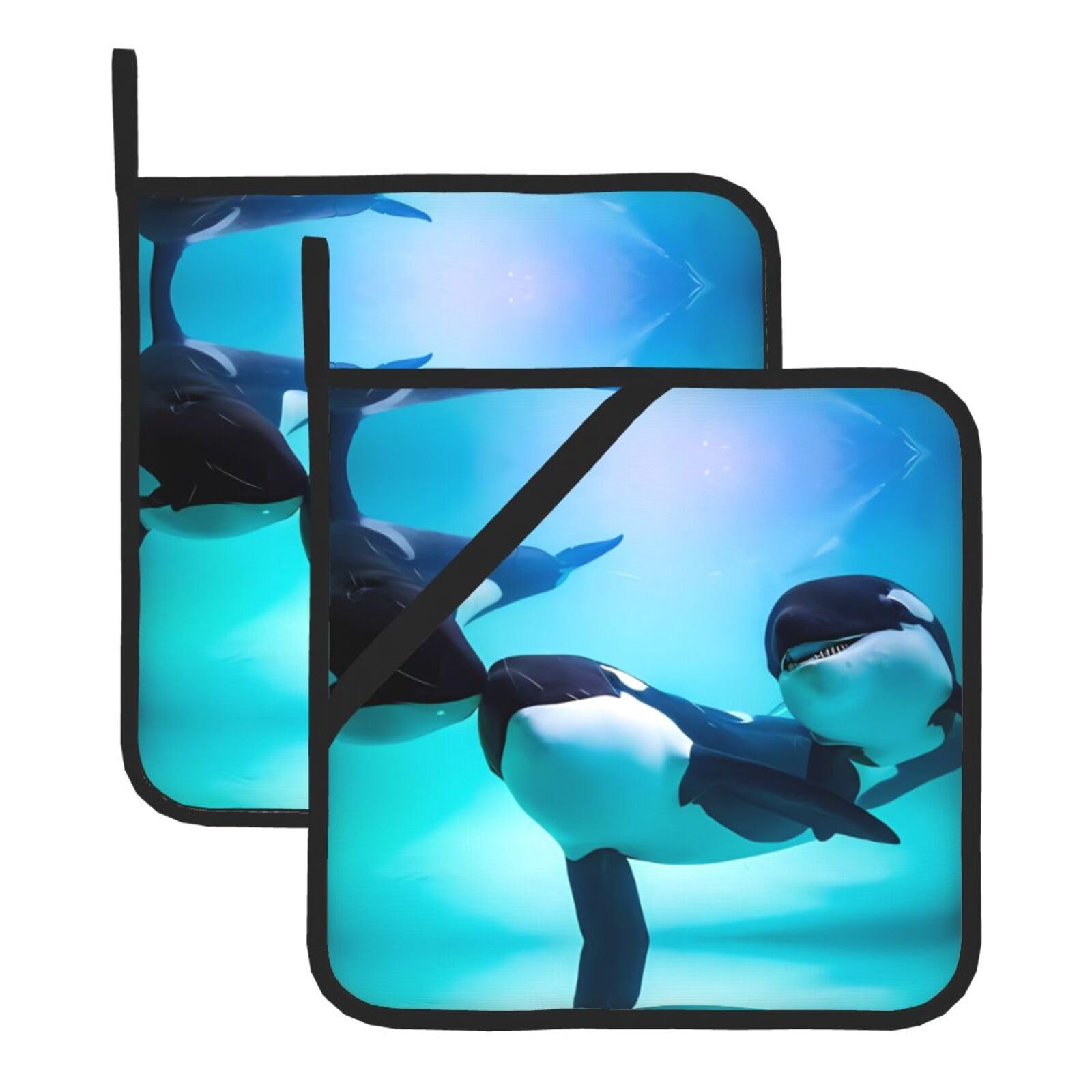 WHJSHOP killer whale Prints Square Pot Holders - Waterproof Heat Resistant Kitchen Throw Pads for Hot Bowls & Dishes, Durable Oven Mitt Layers with Hanging Loop - Set of 2