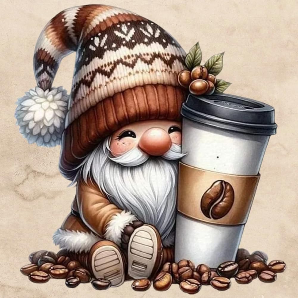 Fiorky L Coffee Gnome Diamond Painting Art Kits Adults, 5D Diy Ful Round Dril Diamond Painting Cartoon Coffee Gnome For Home Wal Decor