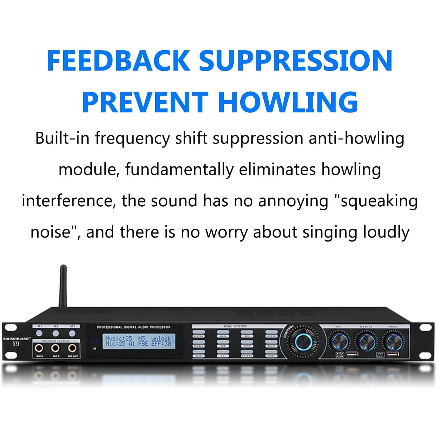 Procesador de audio profesional anti-acoples, efector digital de preamplificación para KTV, modo de reverberación, calidad de audio inteligente sin pérdidas, ecualizador doméstico con pantalla LCD HD