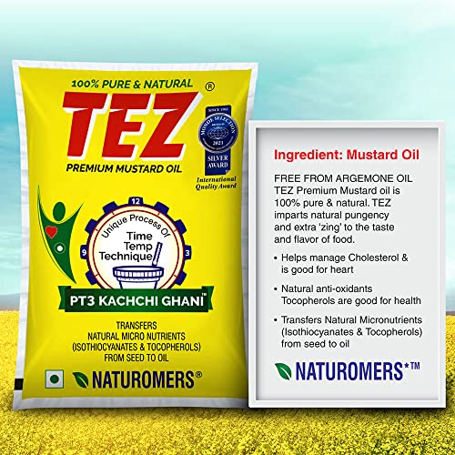 Image of Tez Premium Mustard Oil - 1 Litre Pouch, PT3 Kacchi Ghani Sarson Oil, 100% Pure & Natural, No Artifical Flavours & Preservatives, Has Natural Zing, Good For Heart (Pack of 2)
