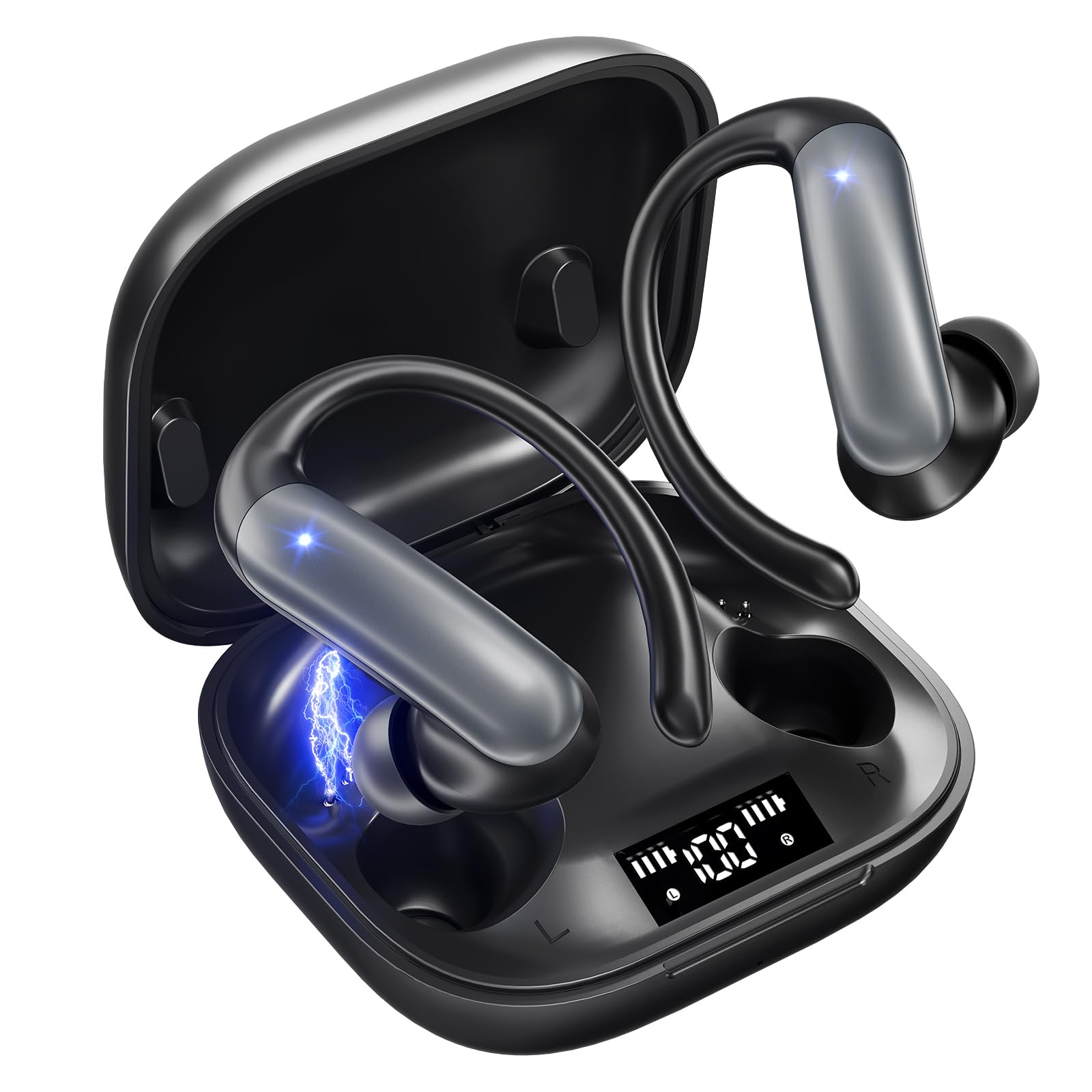 Kopfhörer Kabellos Bluetooth 6.0 in Ear Kopfhörer Sport 32Std 3D-Stereo Tiefer Bass Earpods mit Verstellbare Ohrhaken, Komfortabel, Fester, für Ohrhörer Gym Joggen, Noise Cancelling(Schwarz)