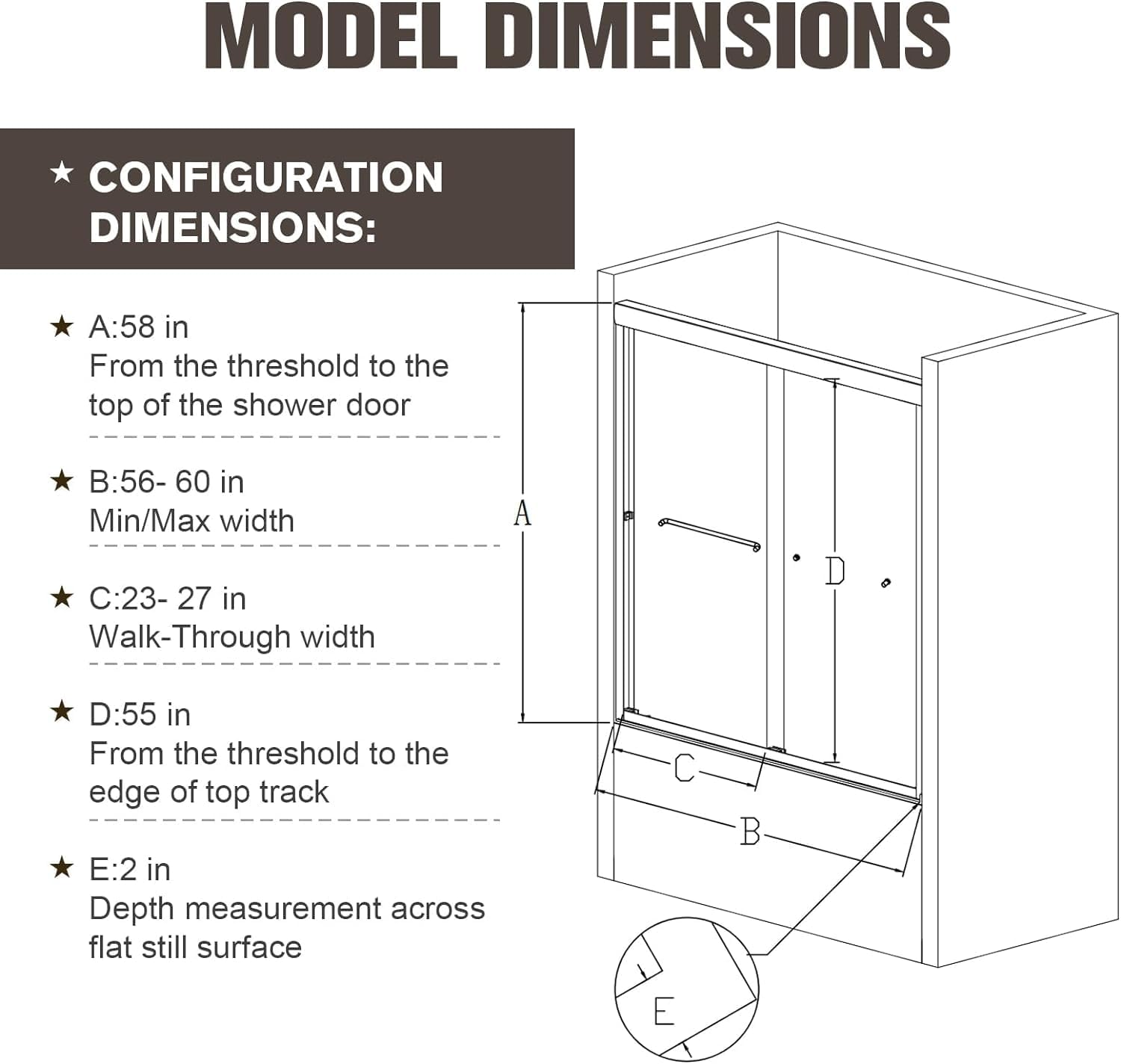 60-58 in. Semi-Frameless Double Sliding Tub Door, Shower Door, Bypass Bathtub Door, Tub Shower Door, SGCC Tempered Glass Door with Explosion-Proof Film, Stainless Steel, Matte Black