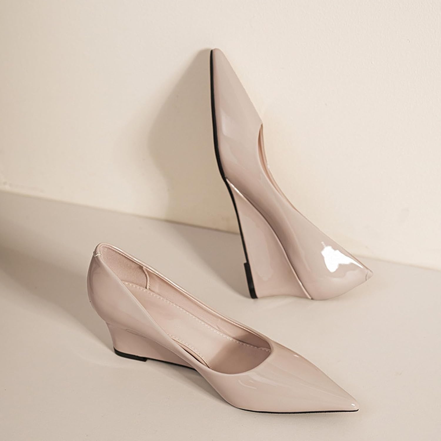 Women's Patent Leather Classic 2.17-Inches Wedges Pumps Fashion Comfortable Pointed Closed Toe Slip On Shallow Mouth High Heel Dressy Shoes for Wedding Work Office Party - Image 3