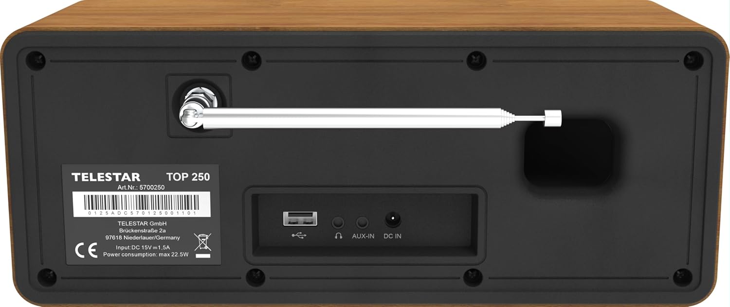 Trasero view of the TELESTAR TOP 250 radio, showing the antenna connector, USB port, AUX-in, and DC-in.