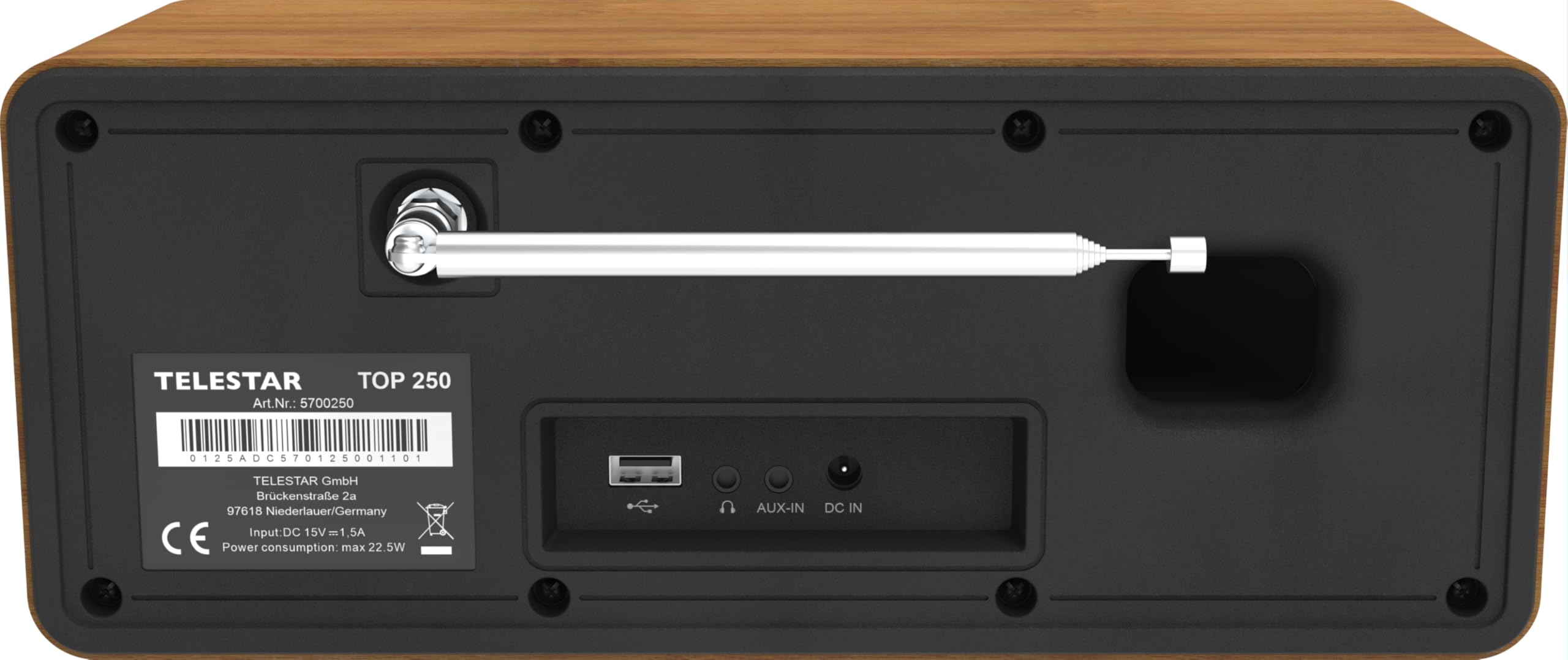 TELESTAR TOP 250 – DAB+/Internetradio, Stereo – Holz | 2 × 10 Watt, Bluetooth Audio-Streaming & Sendefunktion, USB-Aufnahme, Notfallwarnsystem, App-Steuerung