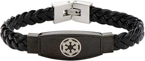 Star Wars Jewelry Pulsera de cuero negro con símbolo imperial para hombre, 8.5 pulgadas, Metal, no aplica