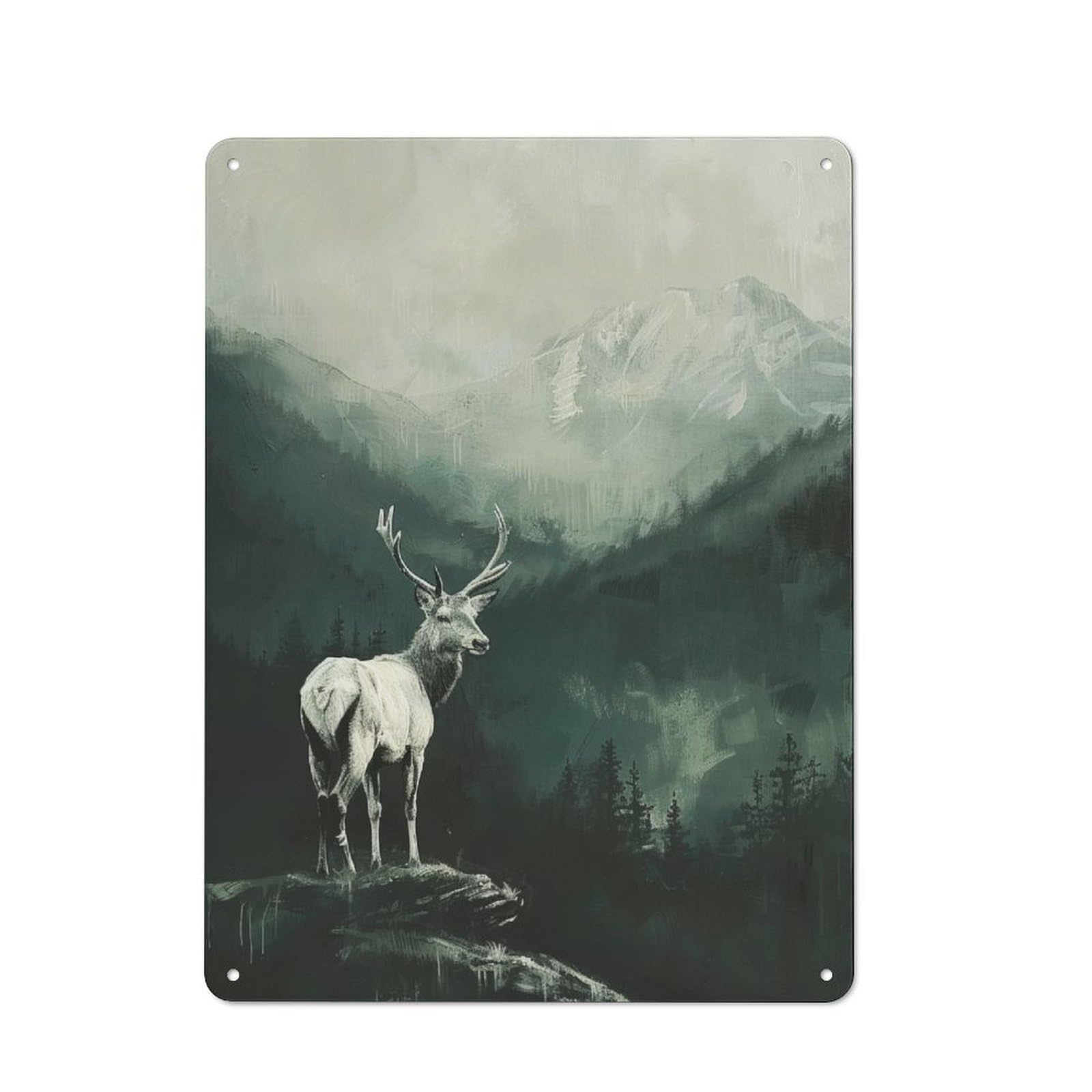 Junmoney White Deer In Mountain Landscape Rustic Metal Wall Decor 40X30cm, Country Metal Sign For Kitchen, Cottage, Porch Or Garden Room