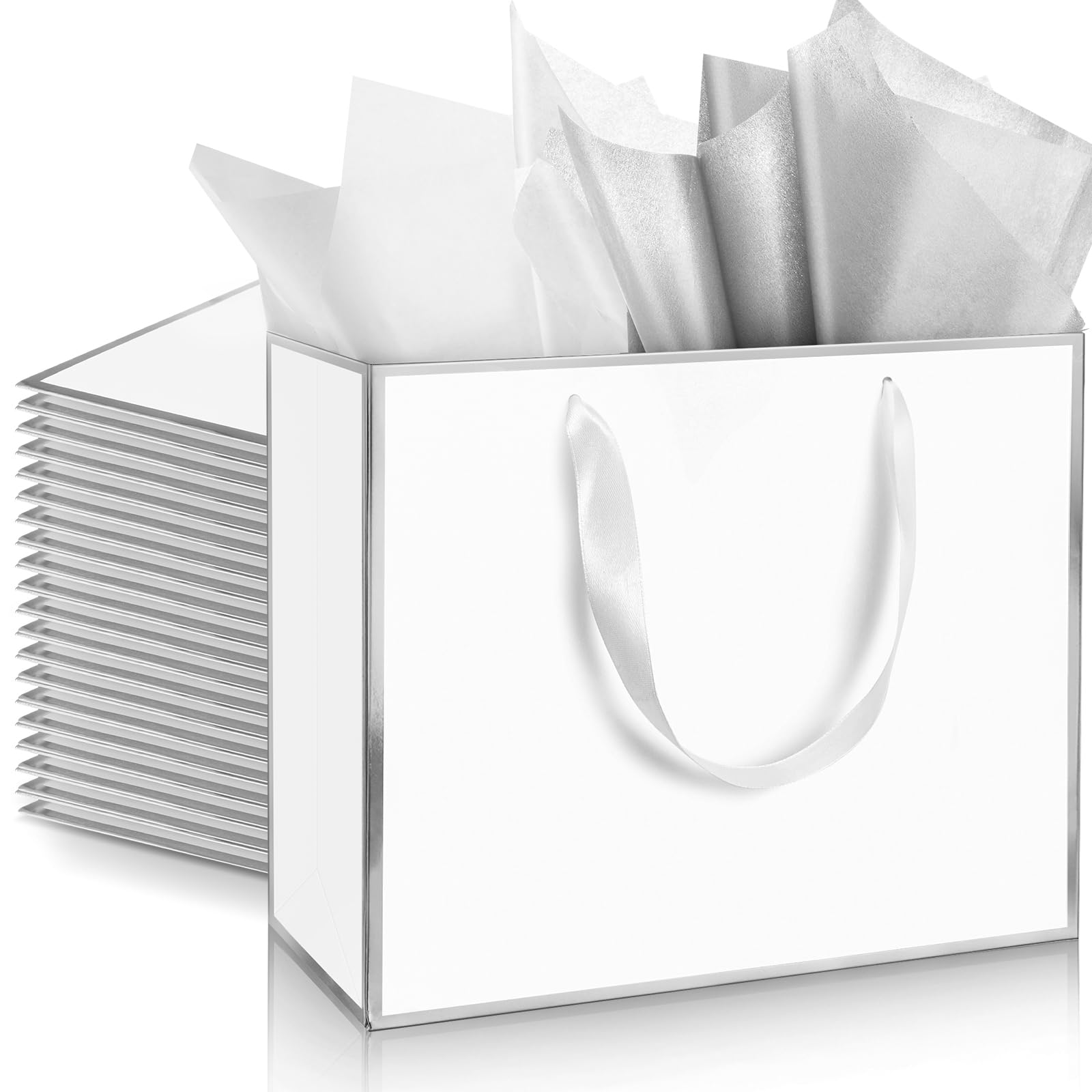ReliThick12 Pack Metallic Paper Gift Bag with Handles and Tissue Paper 11.8 x 10 x 4'' Thank You Favor Bag for Valentine's Day Birthday Party Wedding Favor Bridesmaid Gifts(White, Silver)