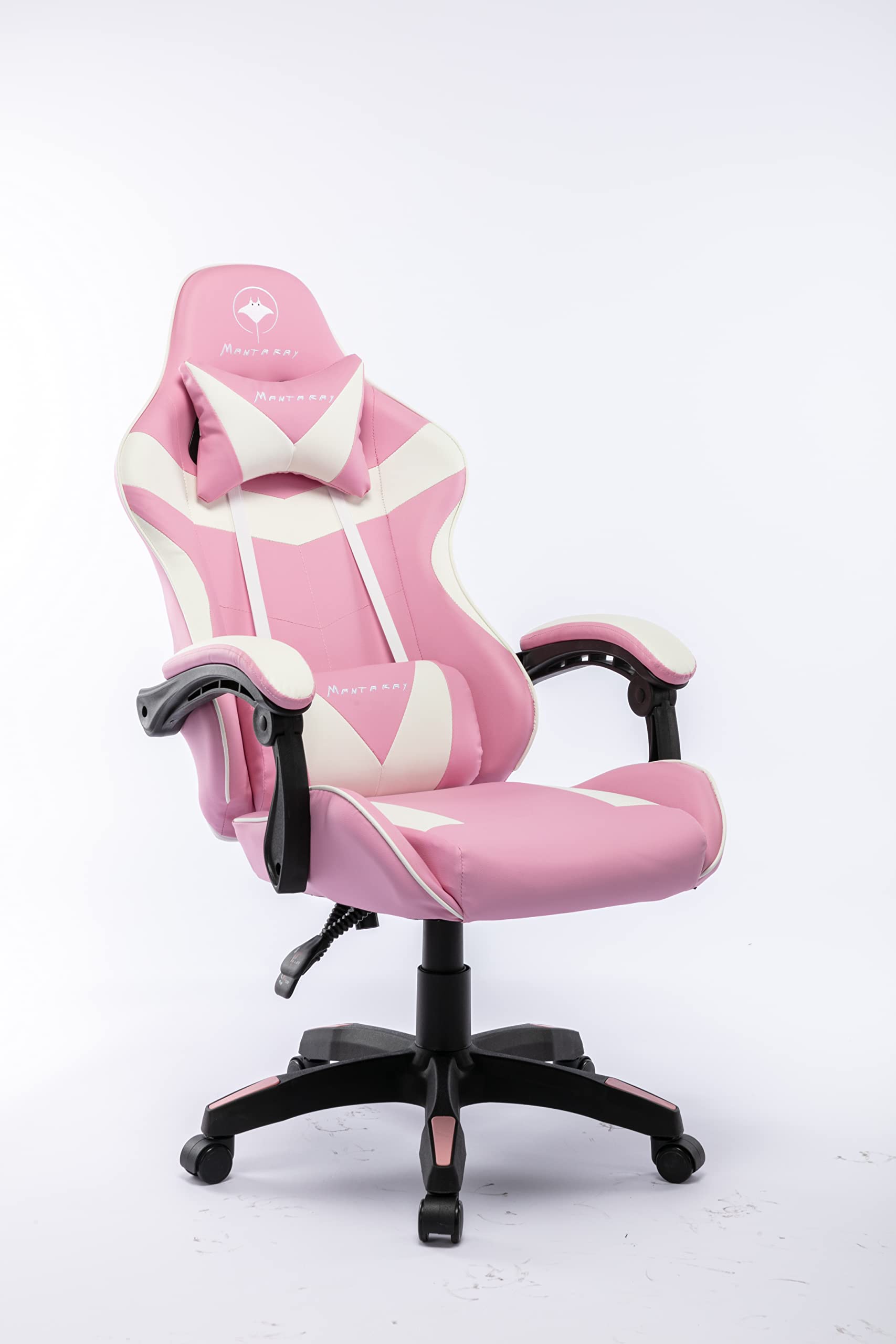 Manta Ray Gaming chair steel-frame,breathable PVC leather,180°Recliner System,150KG Capacity,2D ajustable Arm-rest,steel 5-star base color pink
