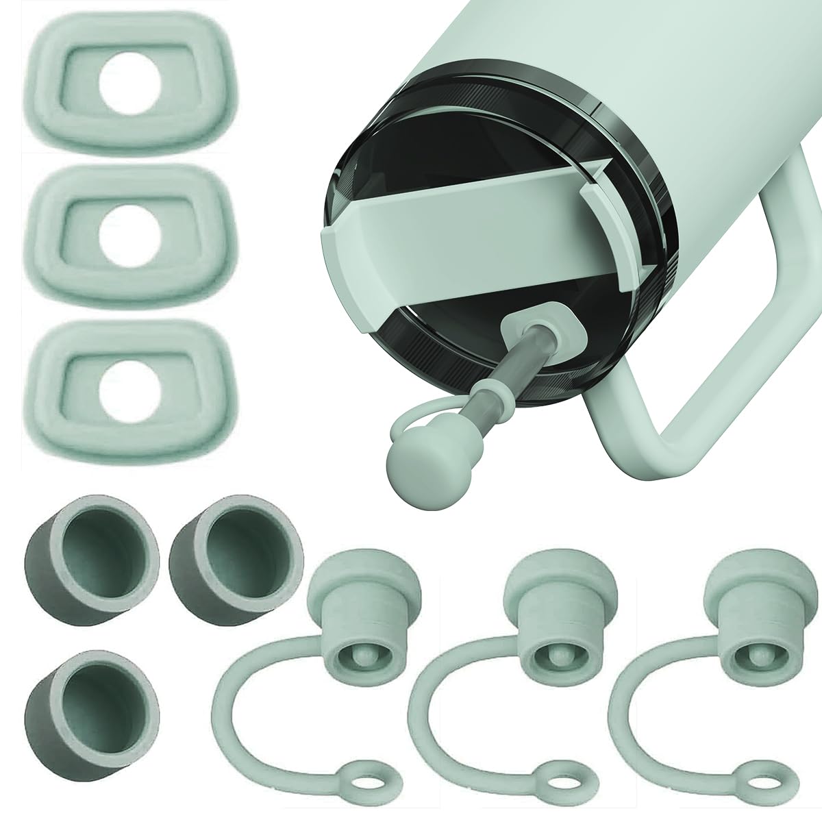 9pcs Silicone Spill Stopper Set, Stanley Accessories - Straw Lid Cap, Round Leak-Proof and Square Spill-Proof Stoppers for 40/30 Oz Stanley Cup (Green)