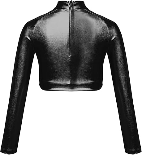 Miniatura 2 de JEATHA Camiseta corta de manga larga con lentejuelas brillantes para niños y niñas, con cuello alto falso, camisetas atléticas de jazz hip-hop para