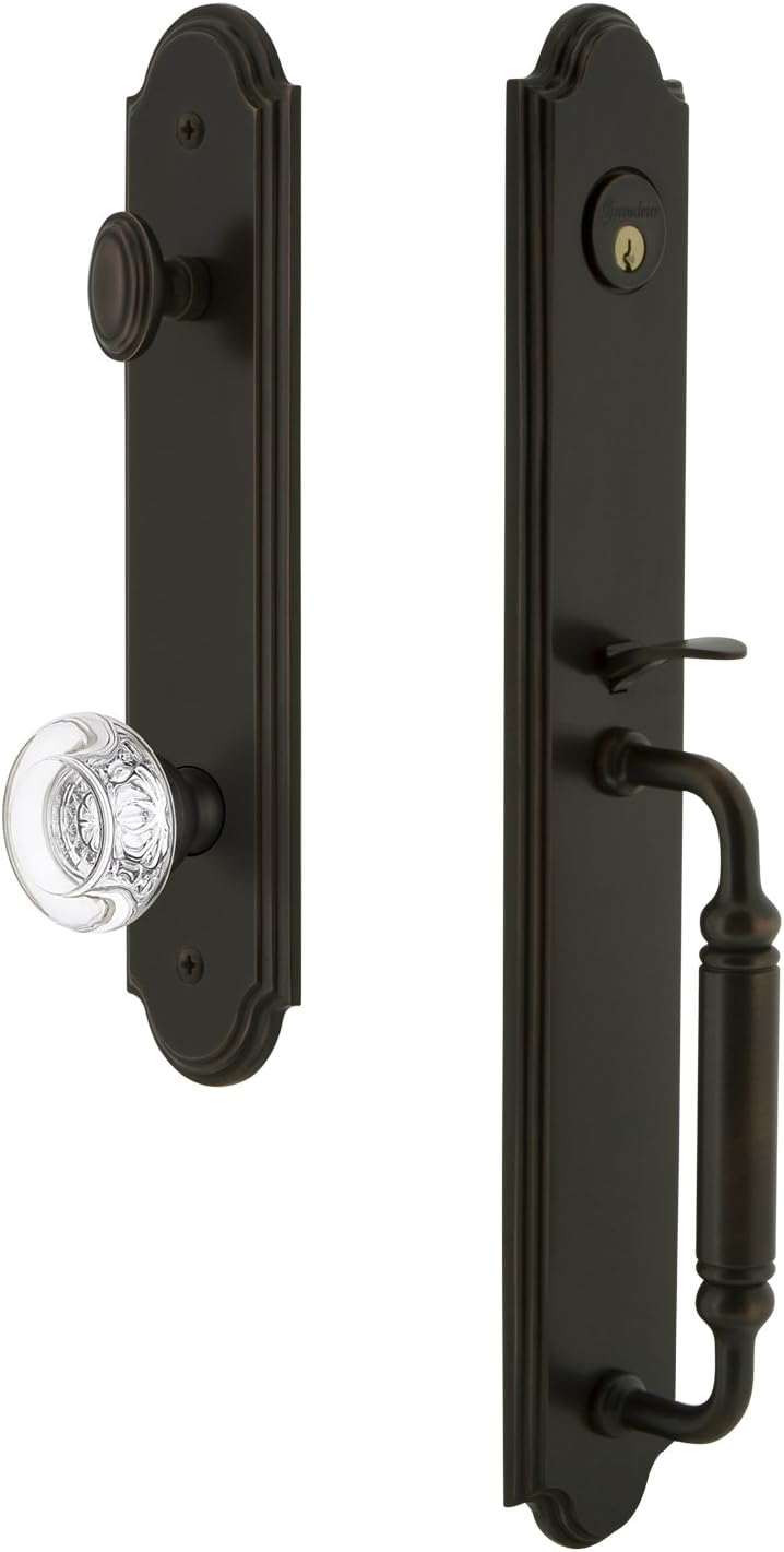 Grandeur 841854 Hardware Arc One-Piece Handleset with C Grip and Bordeaux Knob Size, Single Cylinder Lock-2.375" Backset, Timeless Bronze