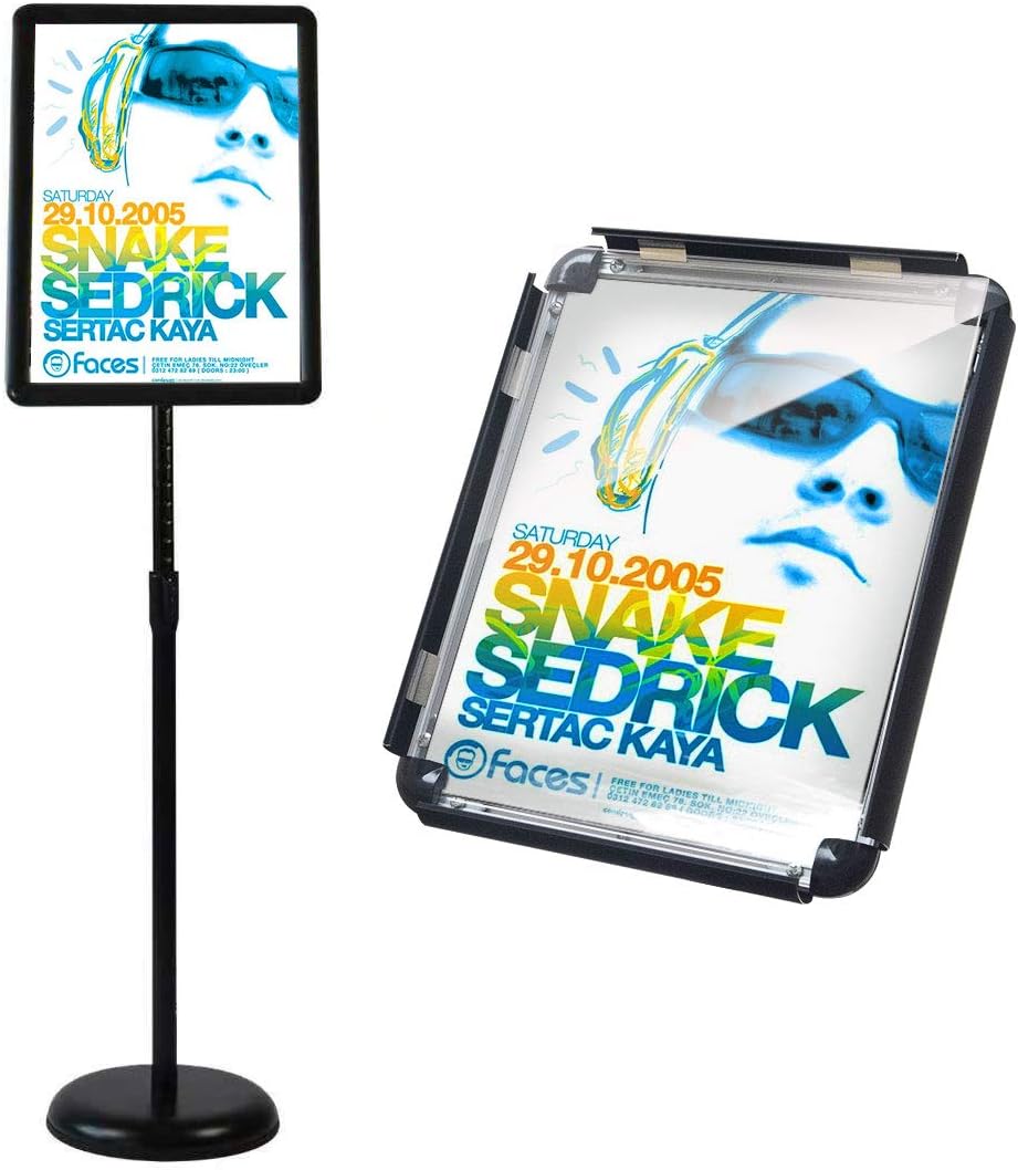 Floor Standing Sign Holder Pedestal Sign Stand for 11 x 17 inches Graphics, Rounded Corner Frame & Pole Height Adjustable - Color Black