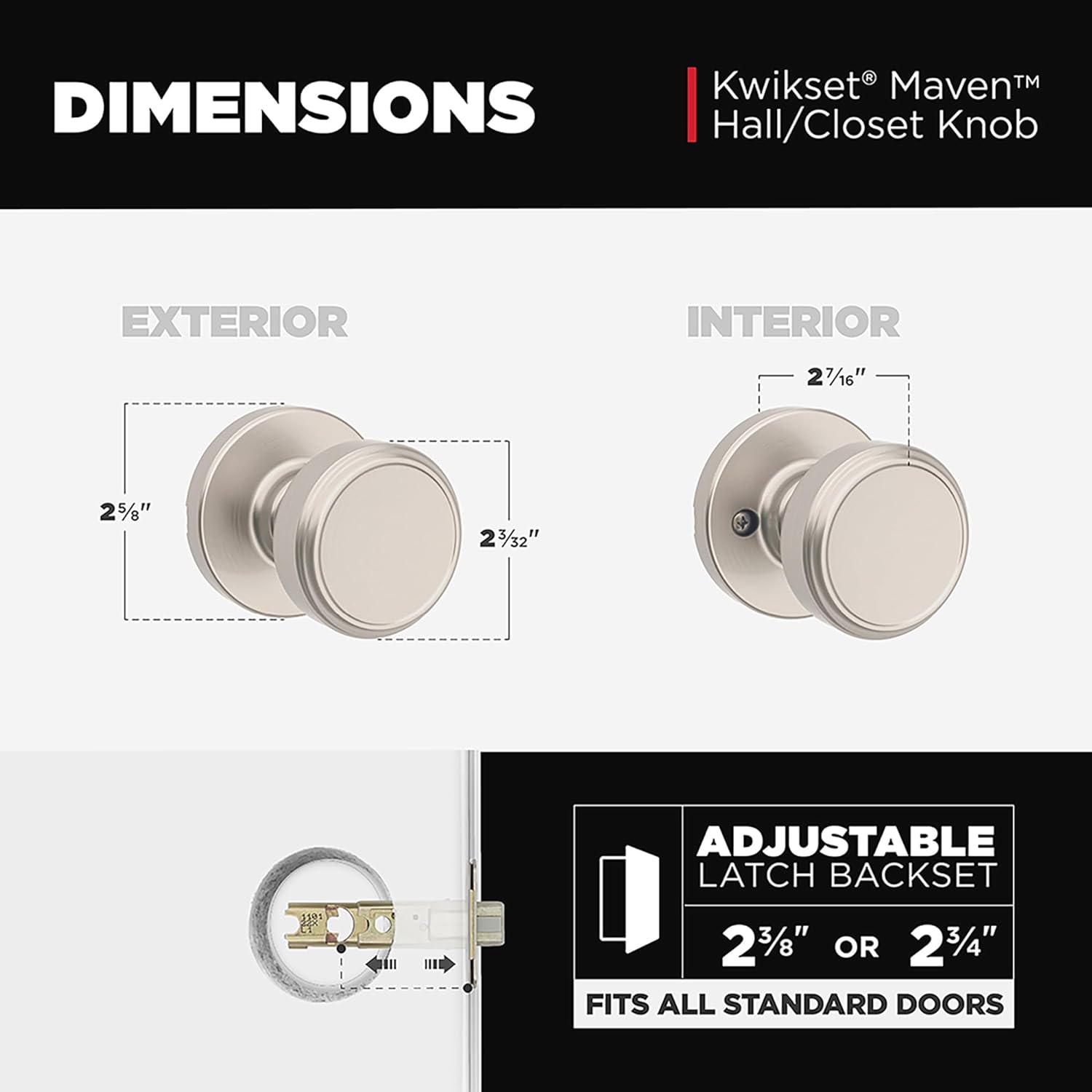 Kwikset Maven Interior Passage Door Knob, Handle for Closet and Hallway Doors, Round Non-Locking Doorknob in Satin Nickel, with Microban Protection