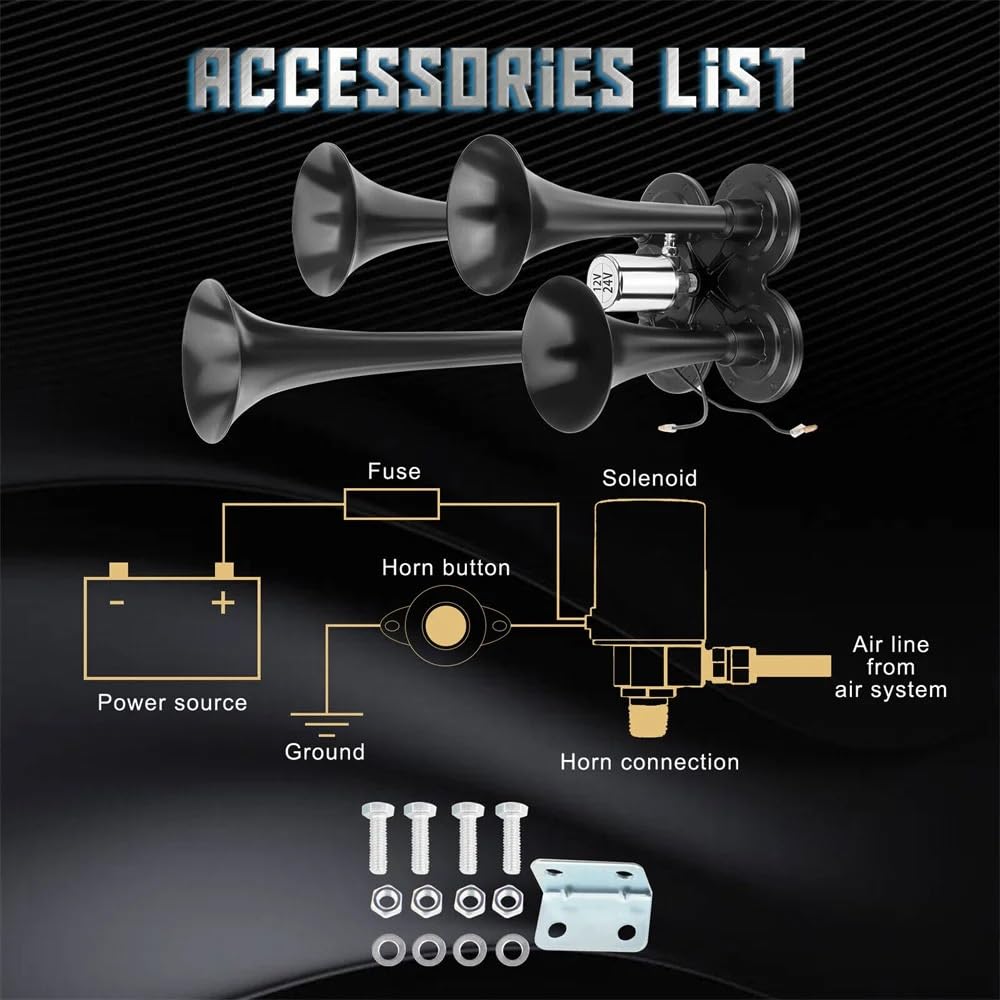 Bocina Coche 150dB 4 trompetas bocinas de coche for barco tren vehículo 12V/24V(Noir)