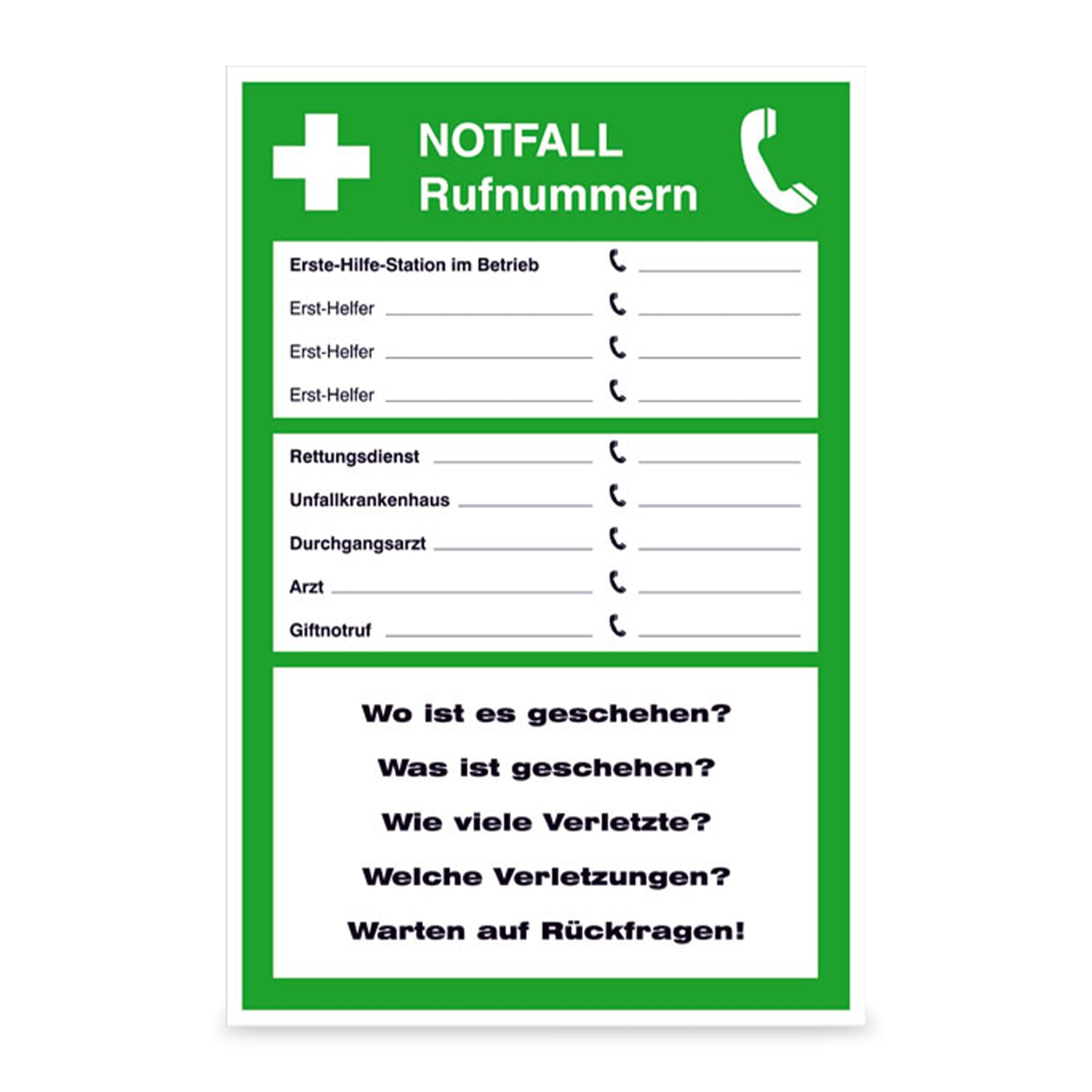 Betriebsausstattung24 Notrufnummern Aushang PVC-Folie Produktbeschreibung