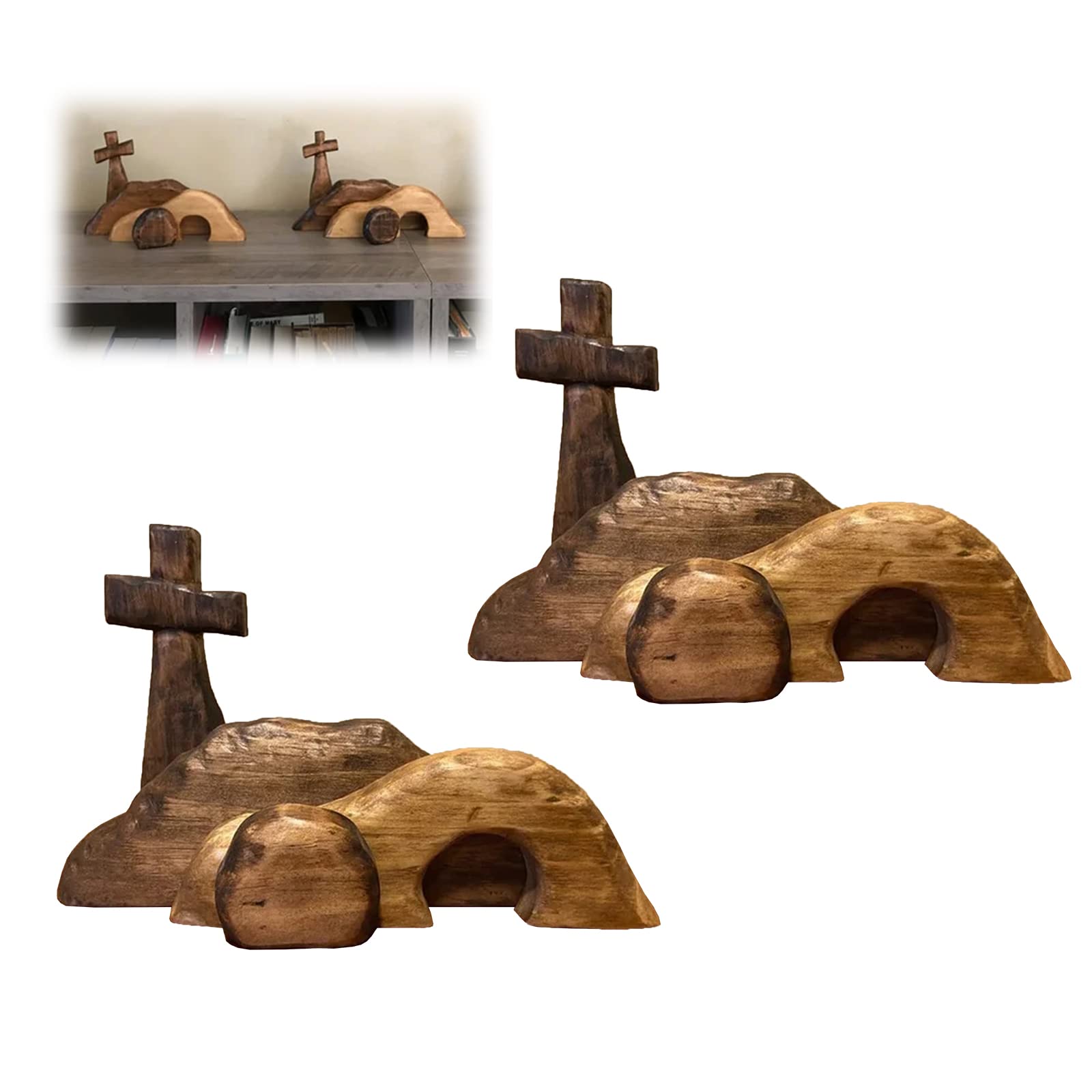 YKLWORLD The Empty Tomb Easter Scene and Cross, Jesus Empty Tomb-Easter Tray Bundle Kit, Wooden Easter Jesus Sign Tiered Tray Decorations, Jesus Nativity Scene Decor for Home Office (2PCS)