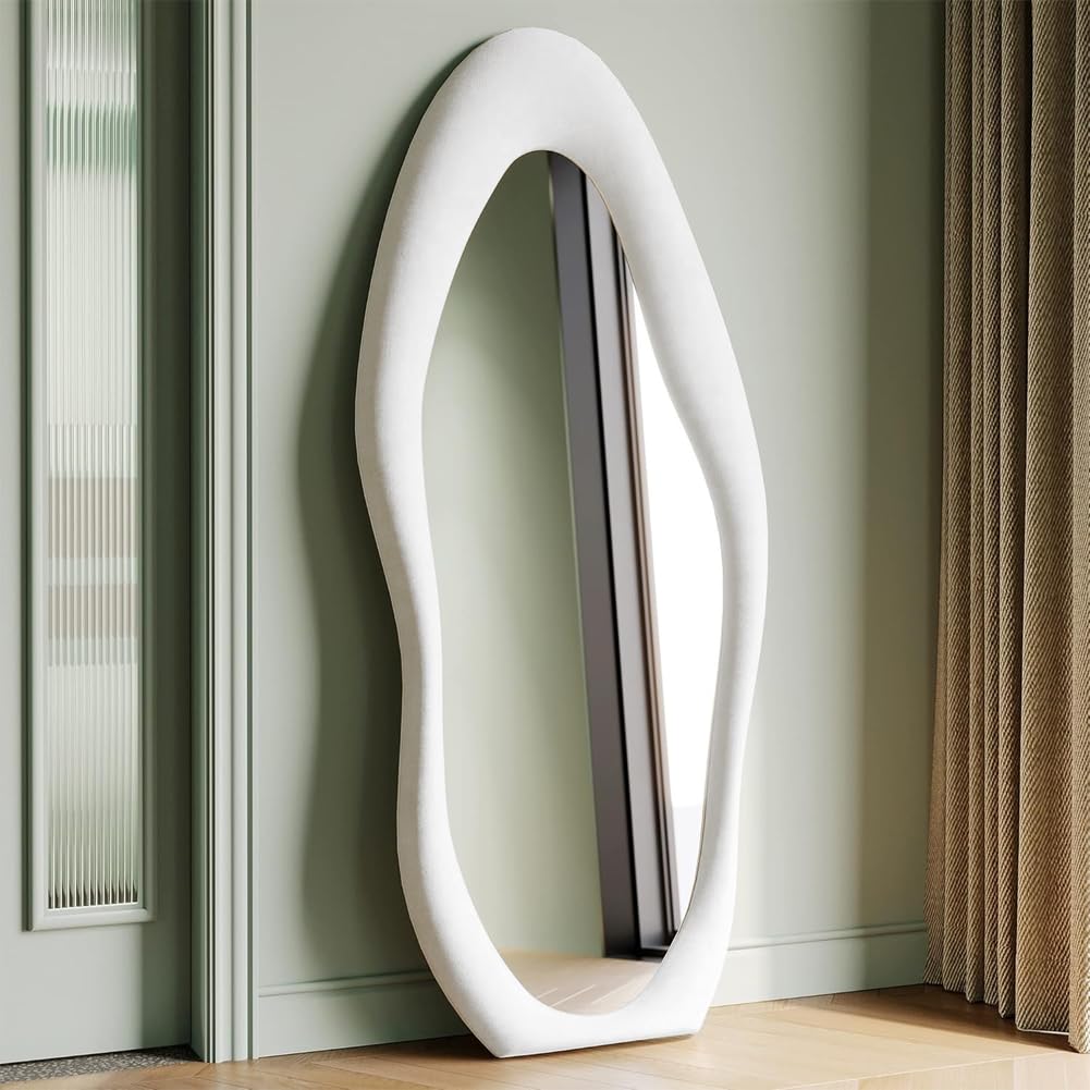 Shally Dogan Specchio Ondulato Figura Intera con Rivestimento Cornice in Velluto Premium, Specchietto Grande Asimmetrico per Decorazione Casa, Ufficio, Negozio, 60 x 160 cm (Bianco)