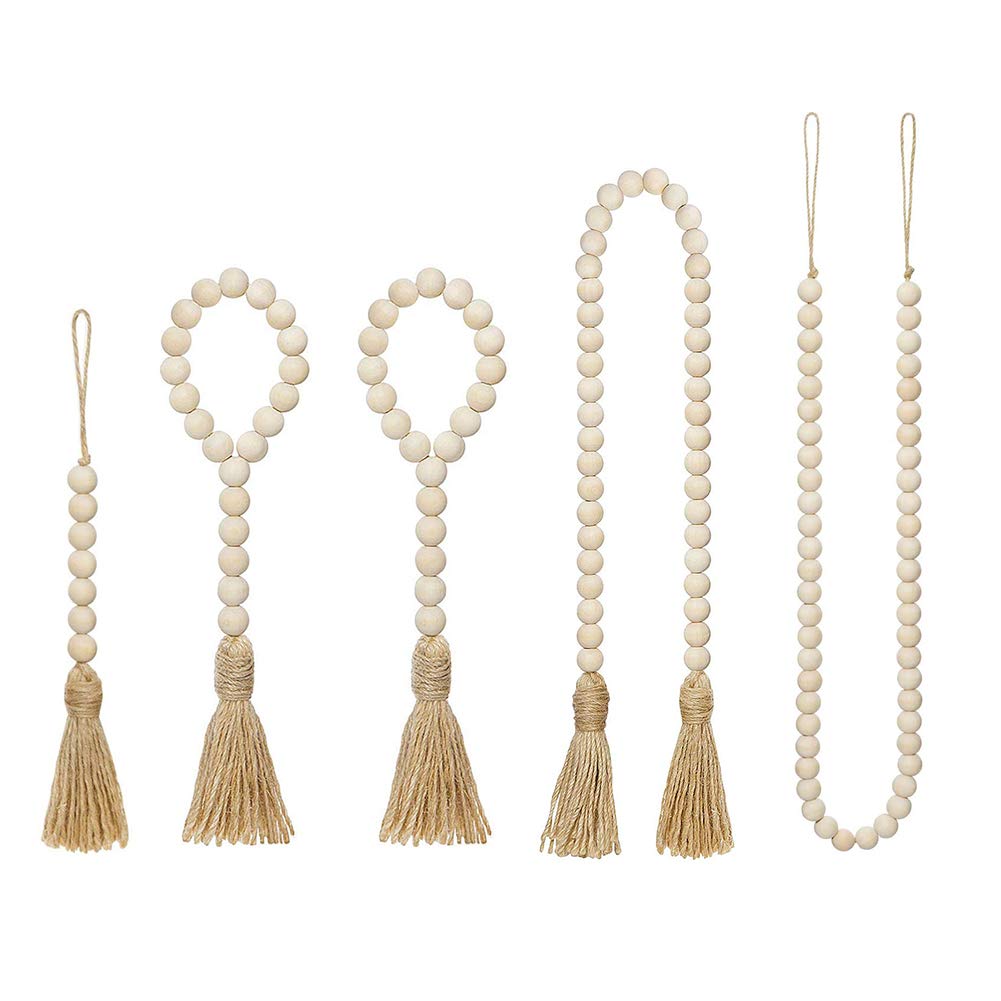 WITUSE 5 Pcs Wood Bead Garland with Jute Tassels, Natural Rustic Tassels Farmhouse Wooden Prayer Beads String for Wall Hanging Home Decor - 4 Styles