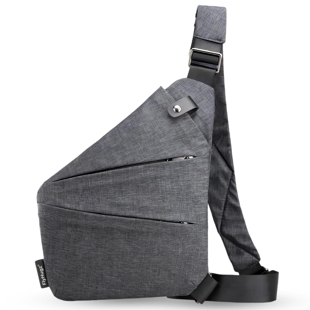 FlyHugz Anti-Theft Crossbody Sling Bag for Travel - Gray Canvas, Multi-Pocket Design for Men & Women, Water-Resistant