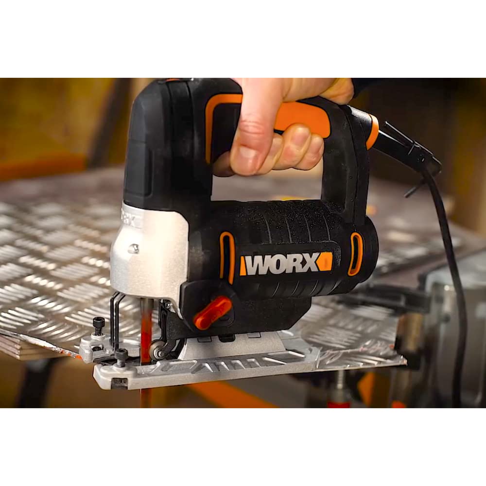 WORX WX478.1 Sierra de Calar 650W con Péndulo 4 Posiciones, Corte en Madera 90mm y Metal 8mm, Cambio Rápido Cuchilla, Soplador, Maletín Incluido