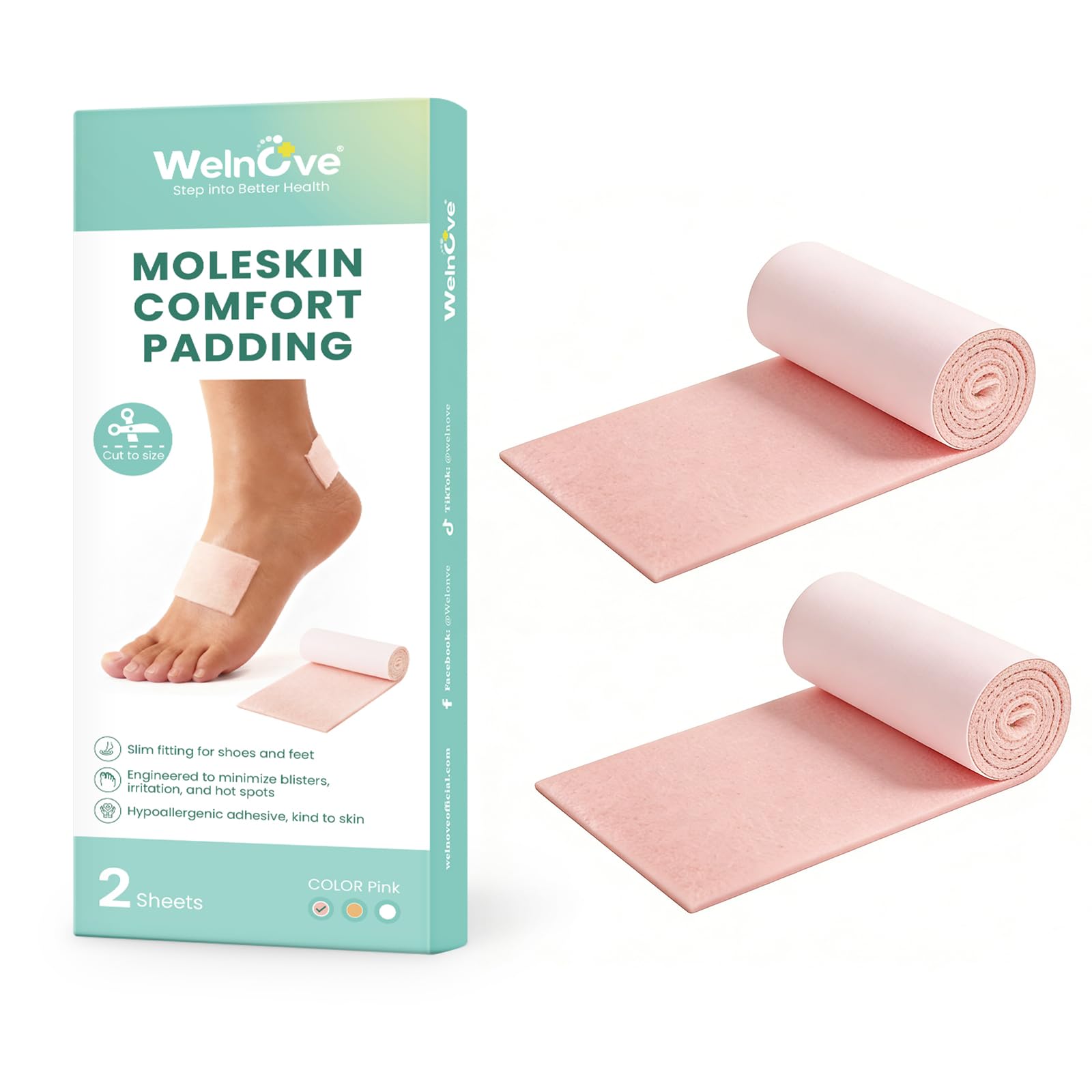 Welnove Moleskin Rollo Protector - Fieltro Adhesivo Podologia para Reducir Rozaduras y Molestias, Ideal para Prevenir Ampollas, Juanetes y Callosidades - 7 x 40 cm (2 Hojas)