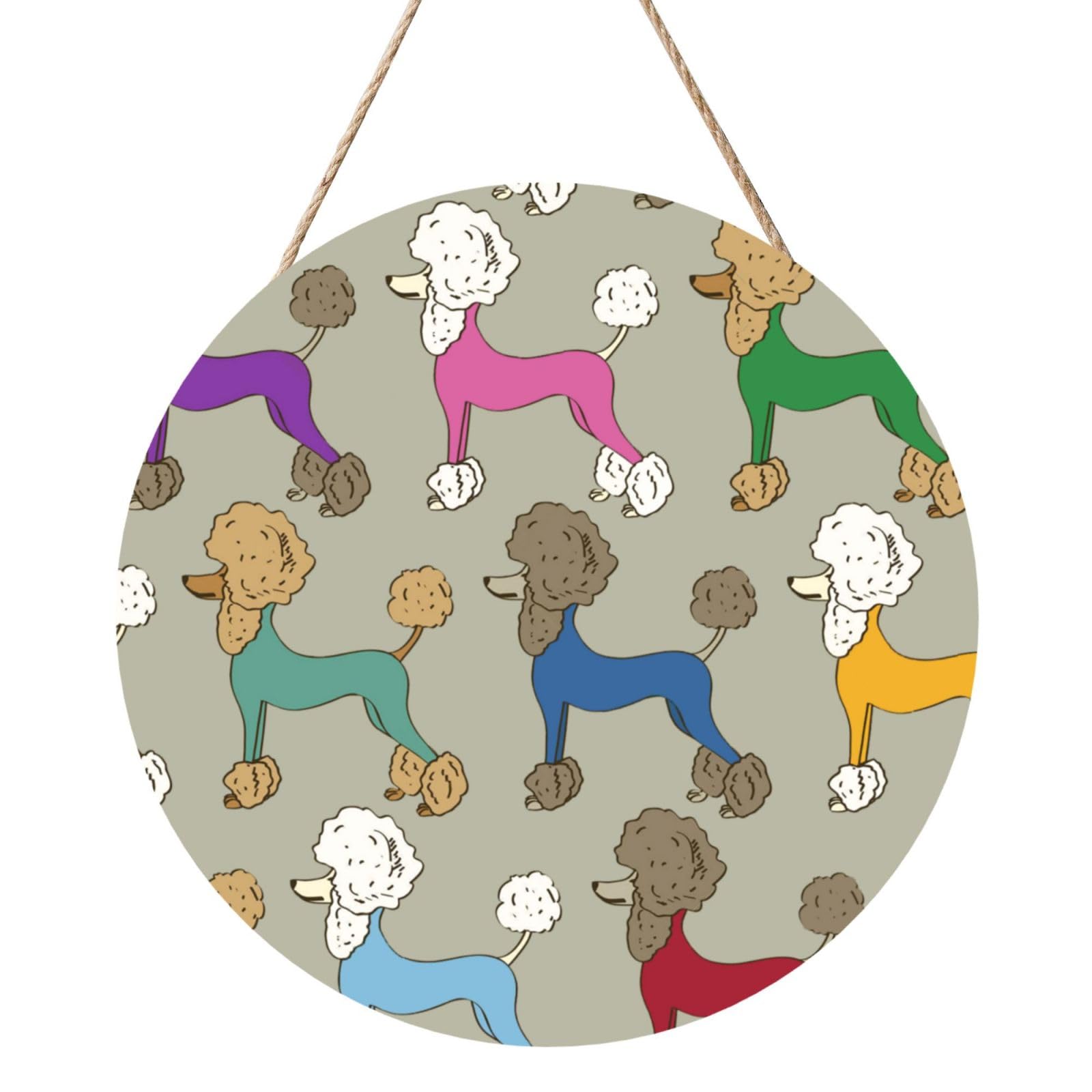 InOmak Funny Cartoon Colorful Poodle, Round Wood Panel Painting 12 in, Wall Hanging Painting For Home