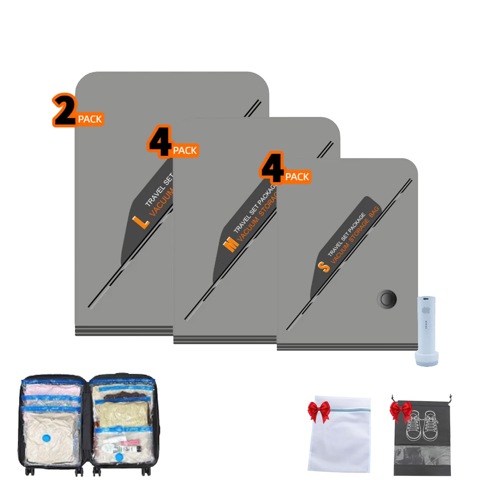 10er Set Vakuumbeutel mit kabelloser elektrischer Pumpe, wiederverwendbare Aufbewahrungsbeutel für Reise & Haus, platzsparende Vakuumtaschen für Kleidung & Bettzeug (S,M,L) (10PC+Wireless Pump)