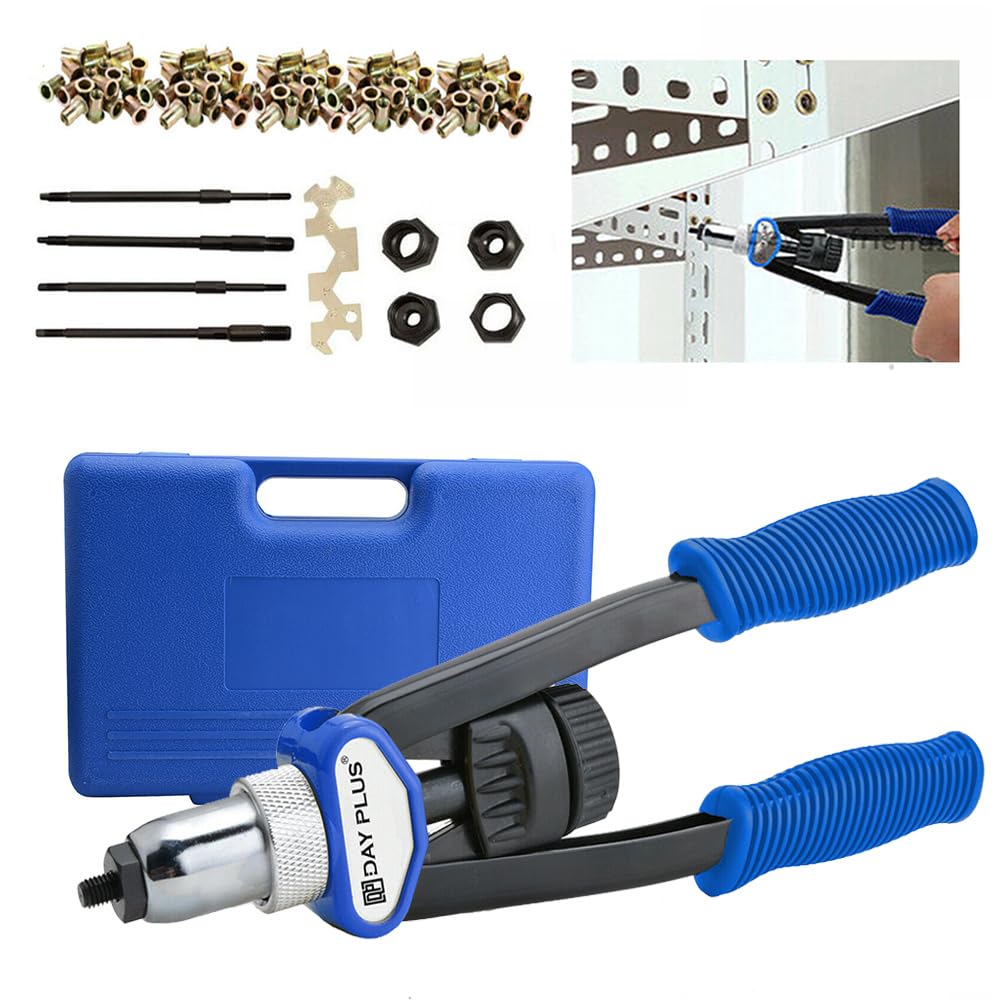 Nietmutternzange Set - Nietenzange Set - Blindnietmutternzange inkl. 150 Nietmuttern und 5 Nietdorne in M5 M6 M8 M10 M12 - Handmutternpistolen-Kits im Tragekoffer